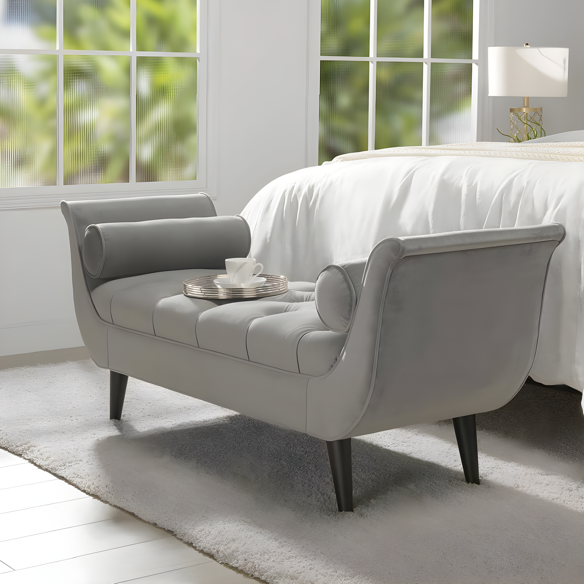 Alma Tufted Flare Arm Entryway Bench, Opal Grey