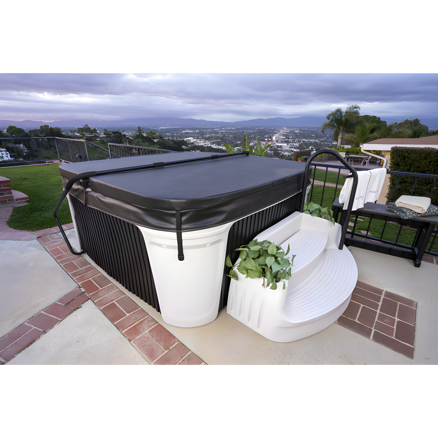 AquaRest DayDream 3500 Ensemble 7-Person 35-Jet Plug & Play Hot Tub with Ozonator, LED Waterfall, Stainless Steel Heater, Step, Cover Lifter and Ice Bucket
