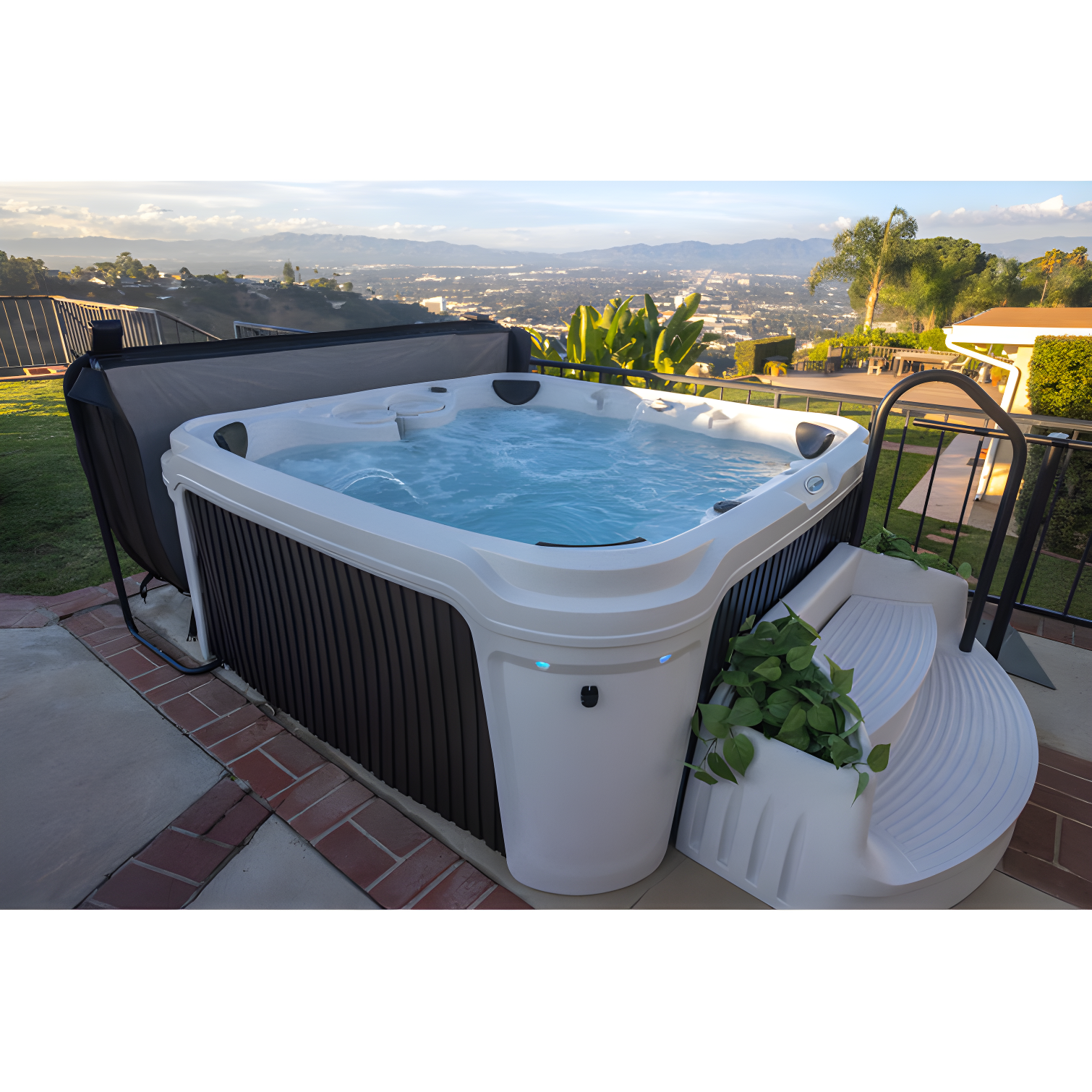 AquaRest DayDream 3500 Ensemble 7-Person 35-Jet Plug & Play Hot Tub with Ozonator, LED Waterfall, Stainless Steel Heater, Step, Cover Lifter and Ice Bucket