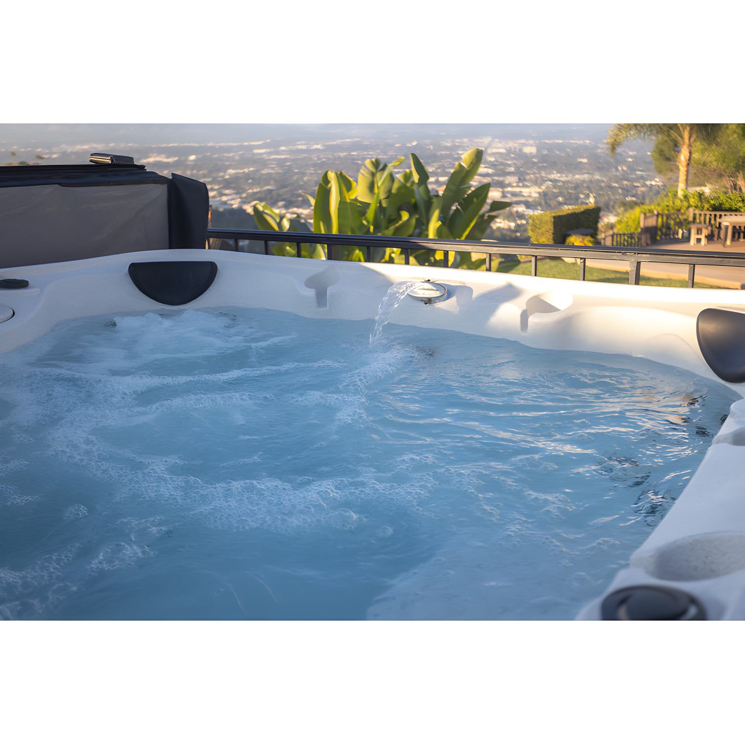 AquaRest DayDream 3500 Ensemble 7-Person 35-Jet Plug & Play Hot Tub with Ozonator, LED Waterfall, Stainless Steel Heater, Step, Cover Lifter and Ice Bucket