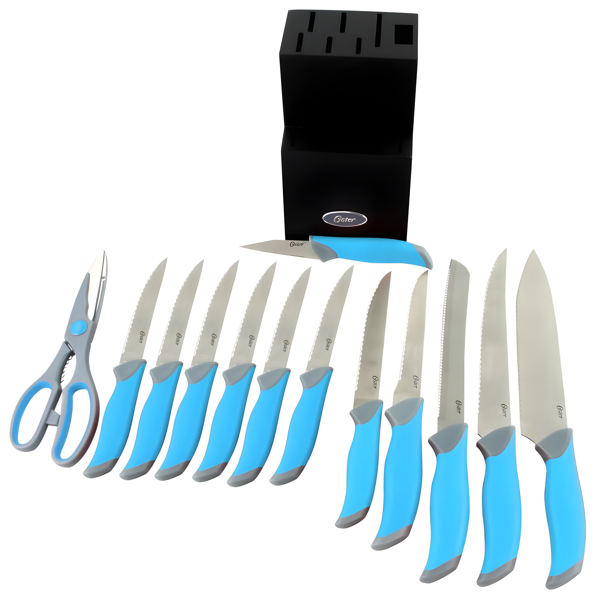 Oster Lindbergh 14 Piece Stainless Steel Cutlery Set in Teal with Wooden Block