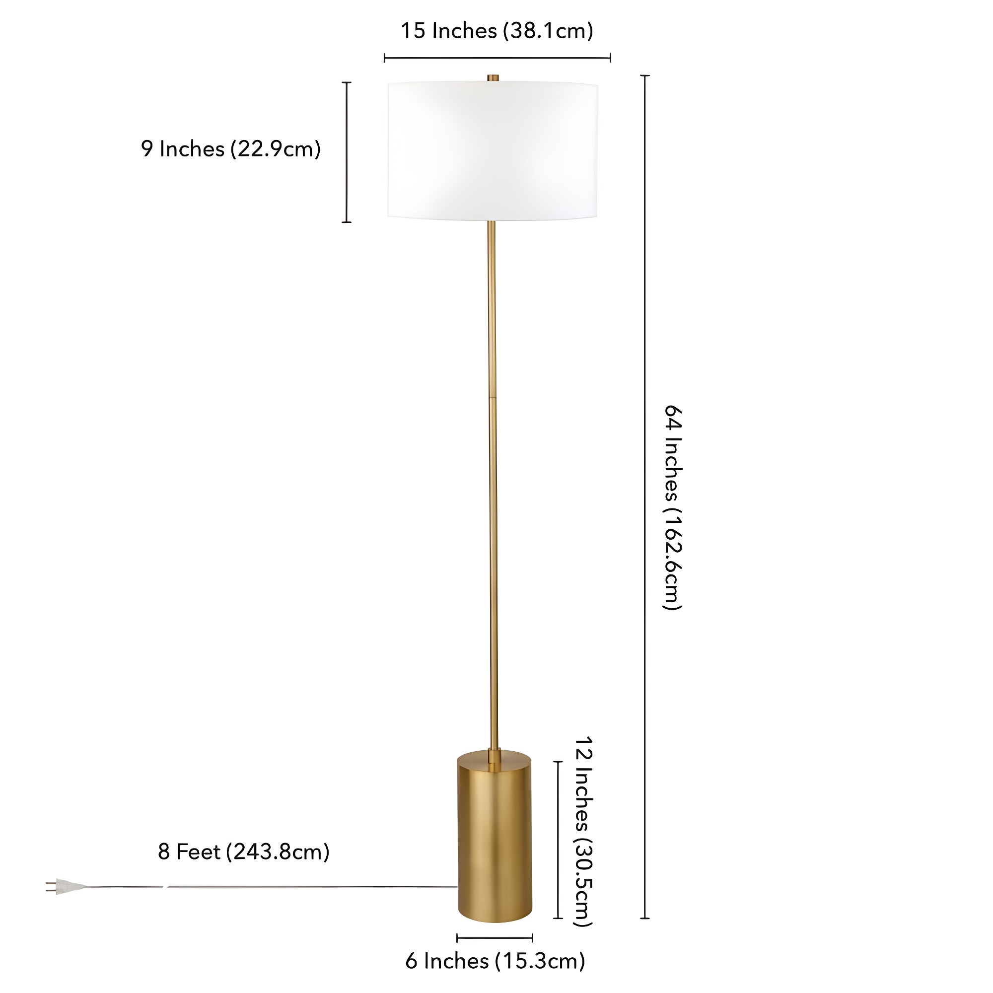 Evelyn&Zoe Somerset 64" Tall Floor Lamp with Drum Fabric Shade, Brass/White