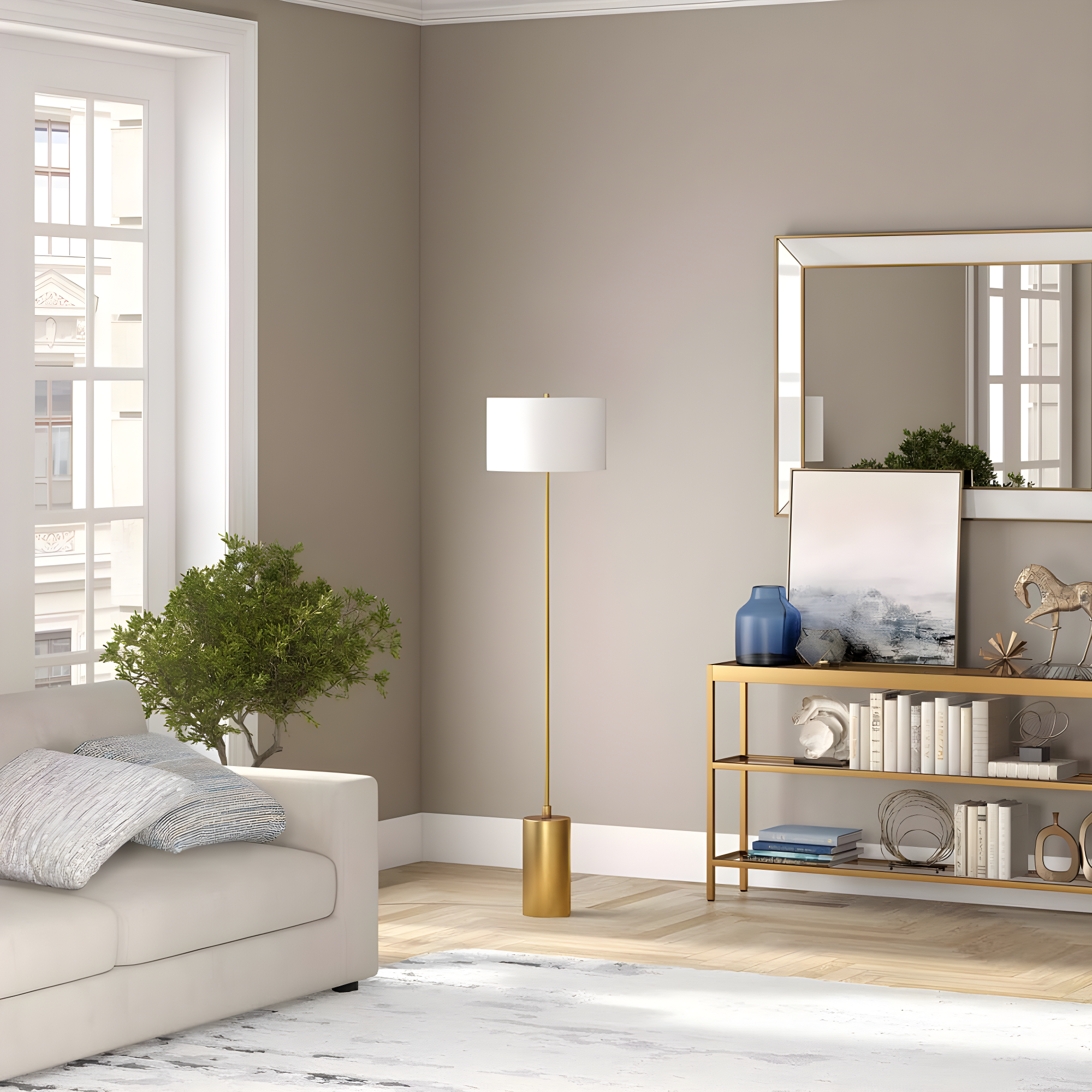 Evelyn&Zoe Somerset 64" Tall Floor Lamp with Drum Fabric Shade, Brass/White