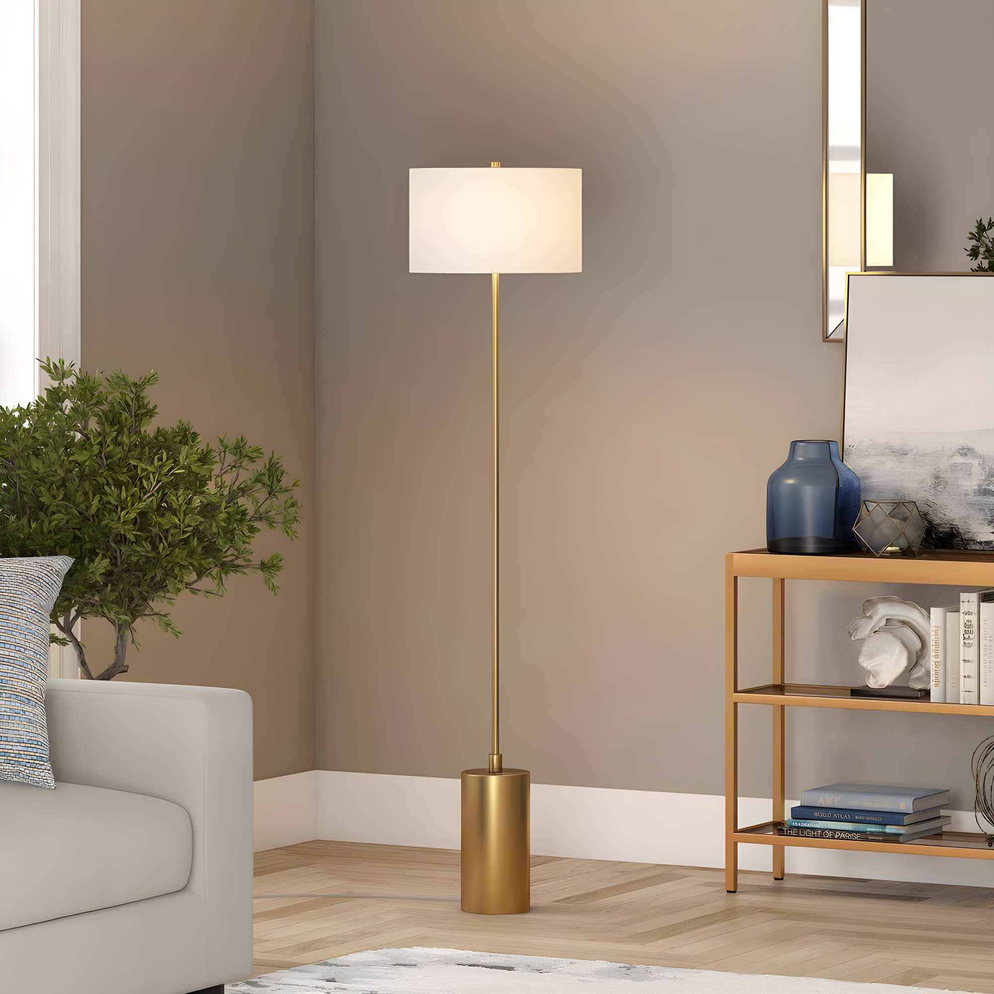 Evelyn&Zoe Somerset 64" Tall Floor Lamp with Drum Fabric Shade, Brass/White