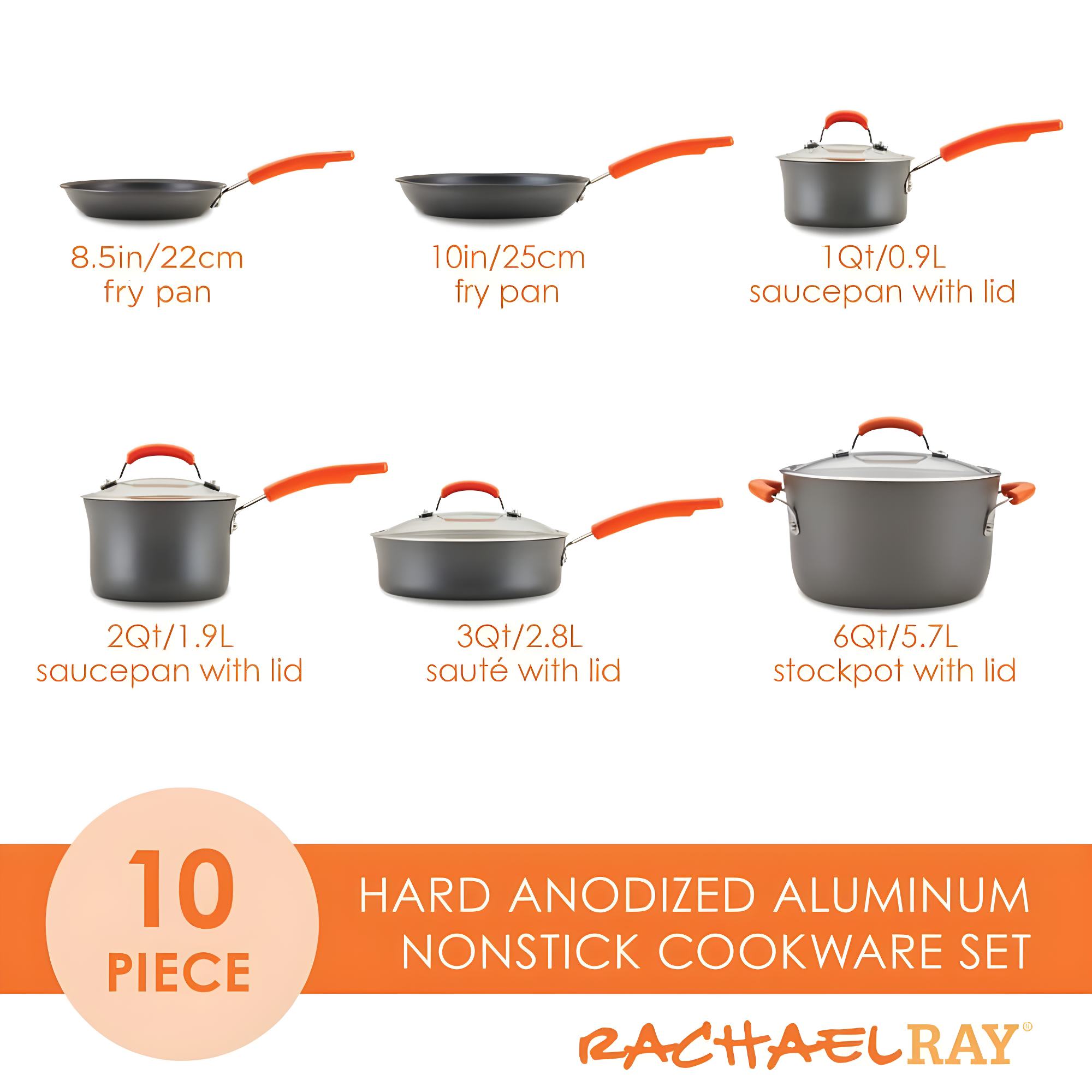 Rachael Ray Rachael Ray Brights Hard Anodized Nonstick Cookware Pots and Pans Set, 10 Piece, Gray with Handles