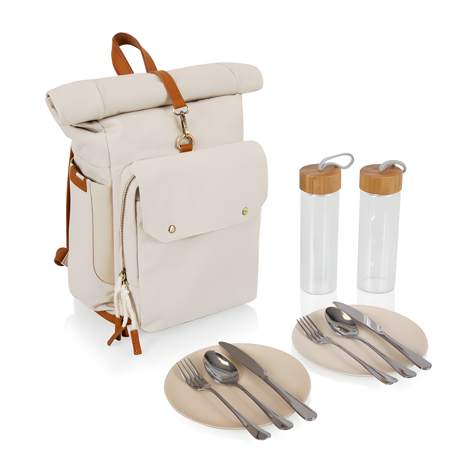 Oniva Carmel Roll Top 35Cans/13qt Picnic Backpack Cooler with Utensil and Bottle Set - Tan