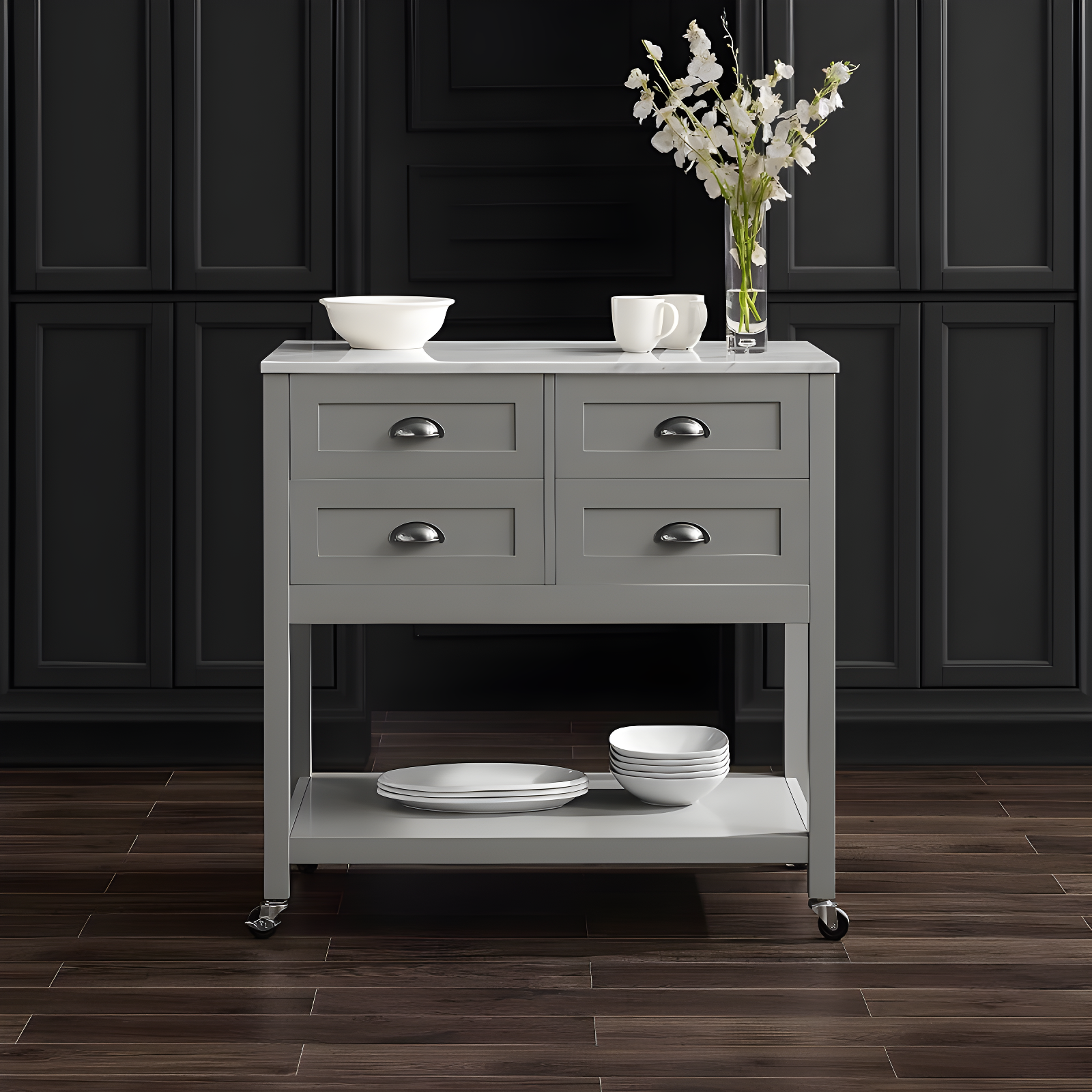 Connell Kitchen Island Cart Gray/White Marble - Crosley: Mobile Storage, 4 Drawers, Open Shelf, Locking Wheels