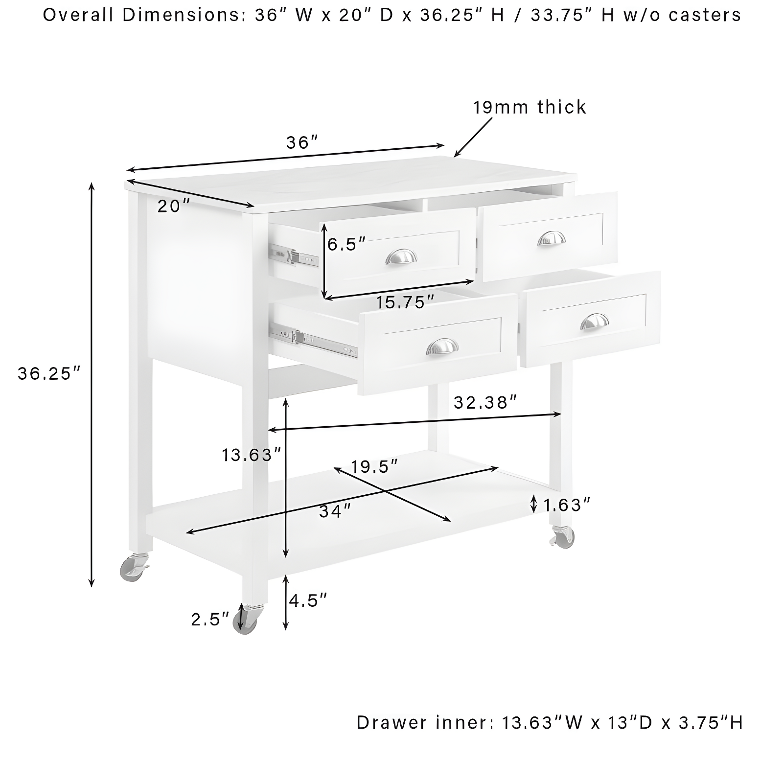 Connell Kitchen Island Cart Gray/White Marble - Crosley: Mobile Storage, 4 Drawers, Open Shelf, Locking Wheels