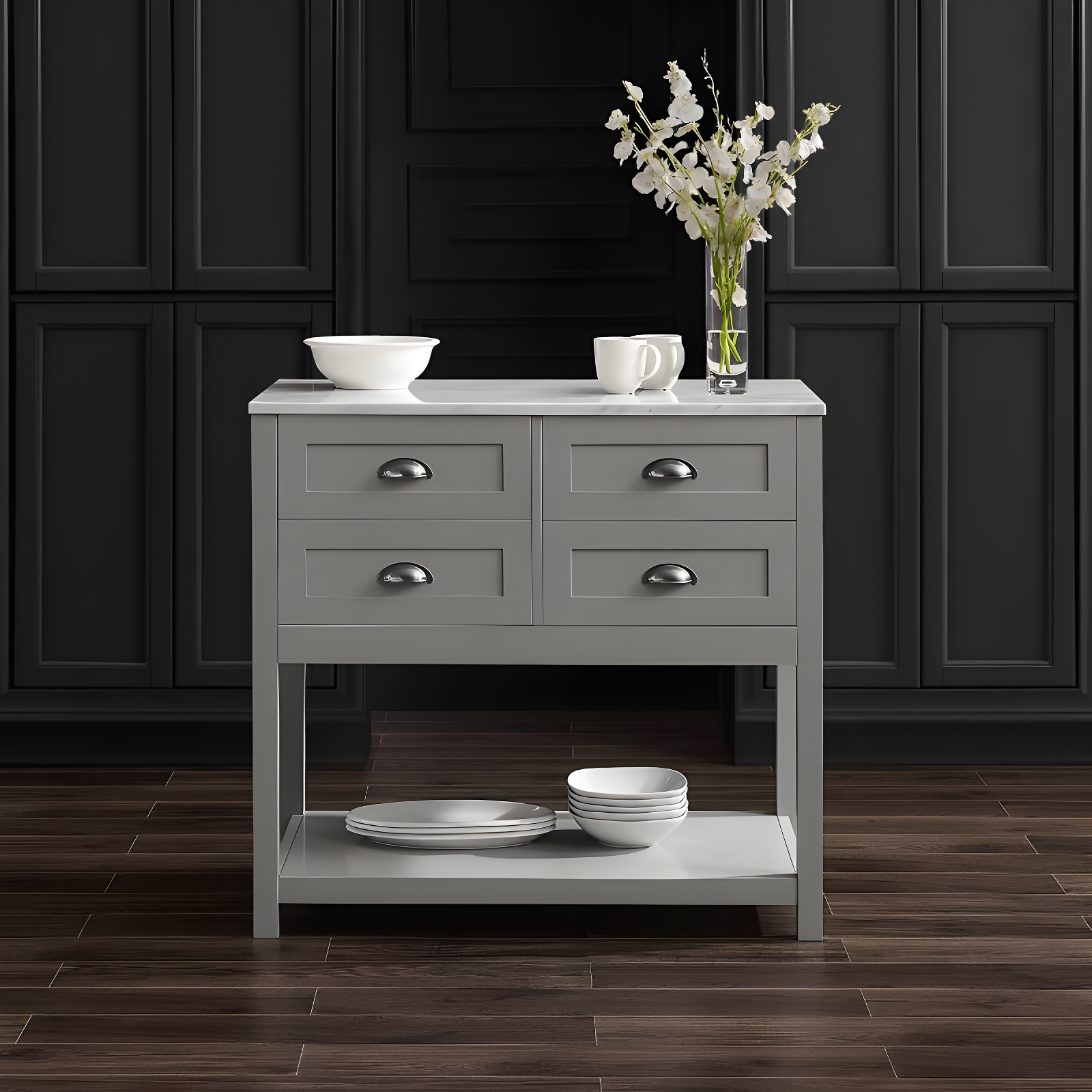 Connell Kitchen Island Cart Gray/White Marble - Crosley: Mobile Storage, 4 Drawers, Open Shelf, Locking Wheels
