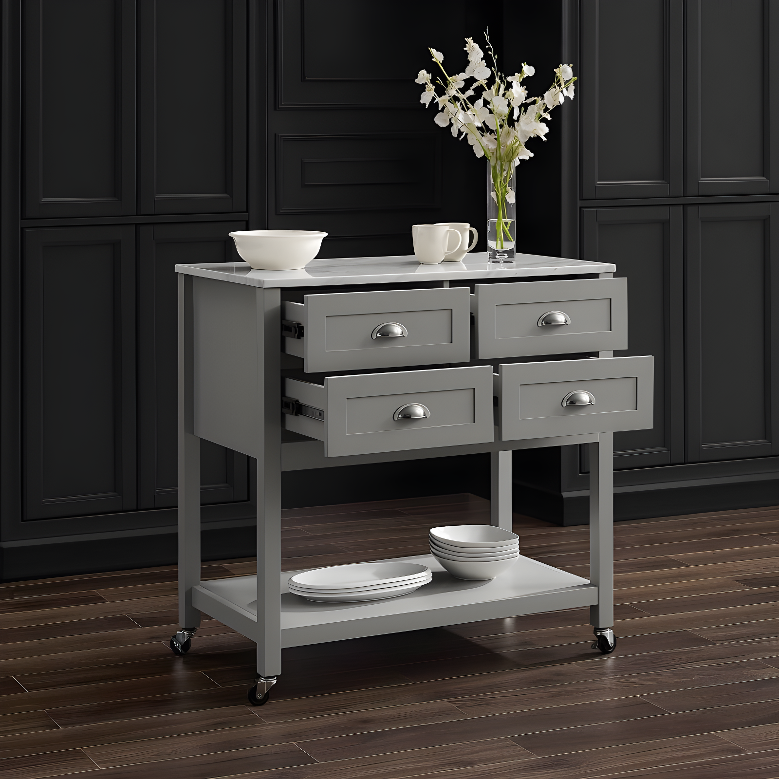 Connell Kitchen Island Cart Gray/White Marble - Crosley: Mobile Storage, 4 Drawers, Open Shelf, Locking Wheels