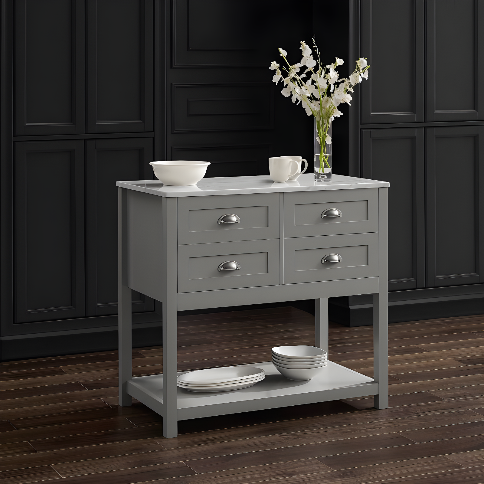 Connell Kitchen Island Cart Gray/White Marble - Crosley: Mobile Storage, 4 Drawers, Open Shelf, Locking Wheels