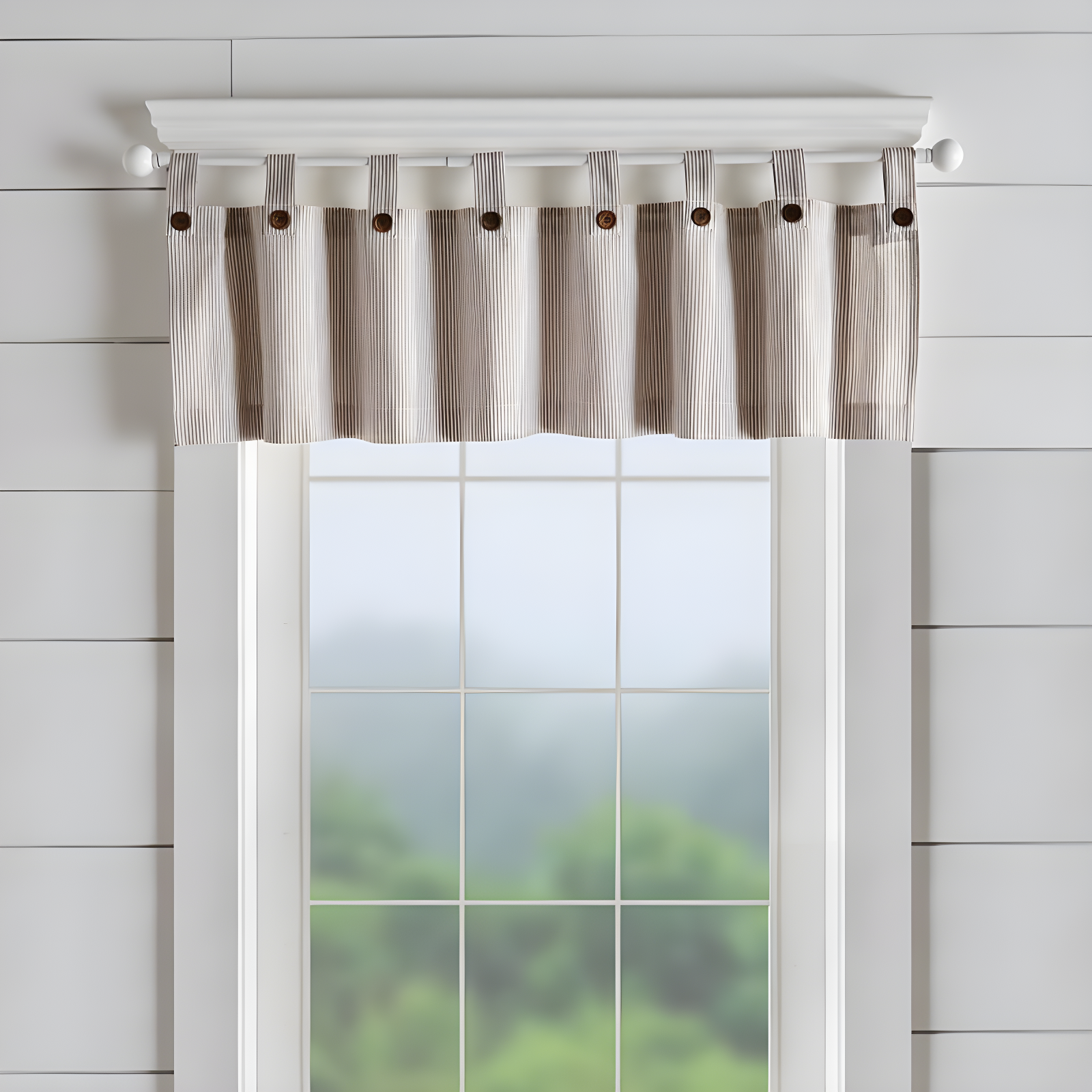 Tucker Ticking Stripe Button Tab Top Window Kitchen Valance - 60" x 15" - Linen - Elrene Home Fashions