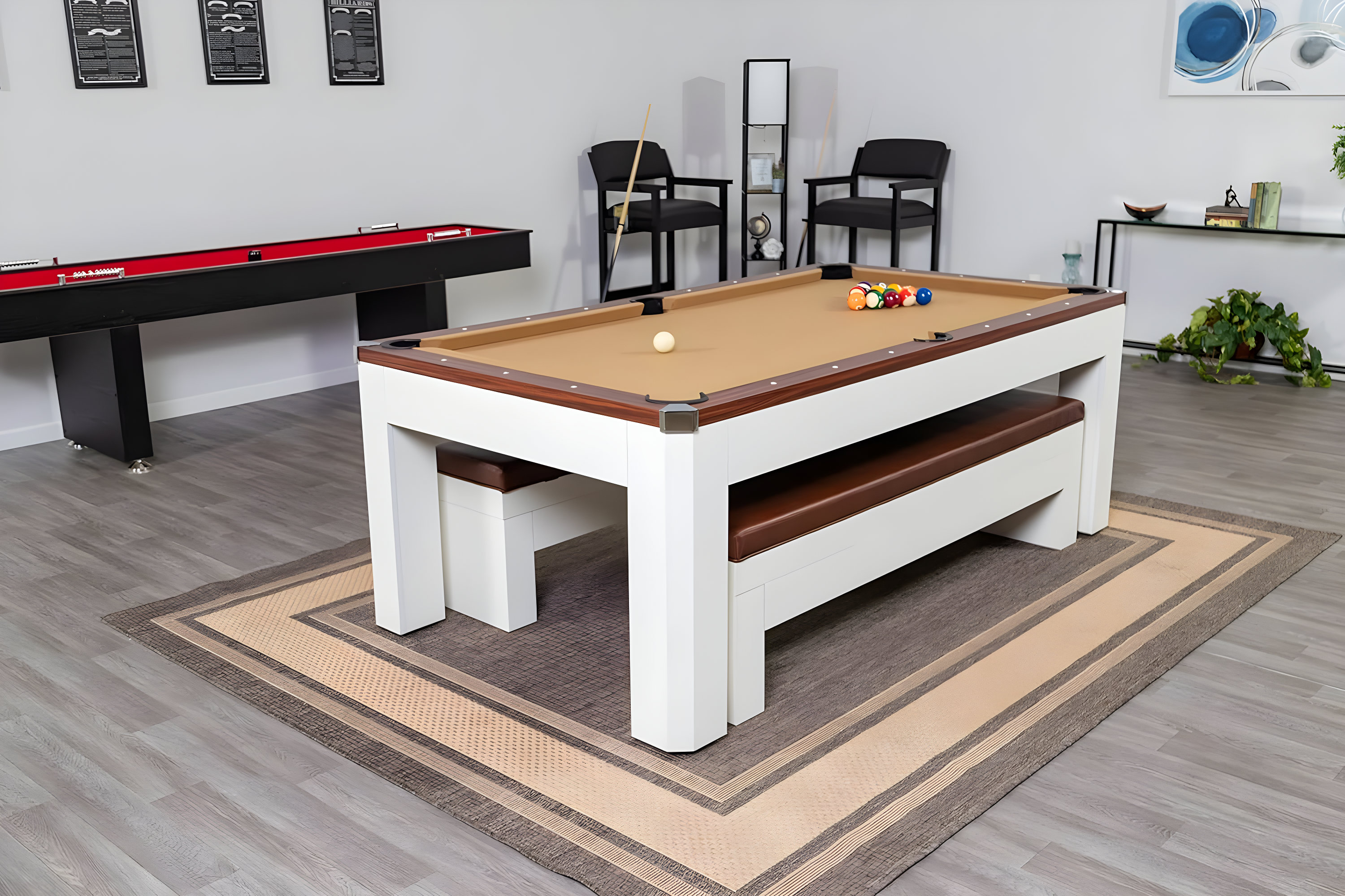 Hathaway Newport Stylish 7 Ft Multi Game Pool Table Combo with Dining Top and Ping Pong – Includes Benches for Home Storage and Accessories