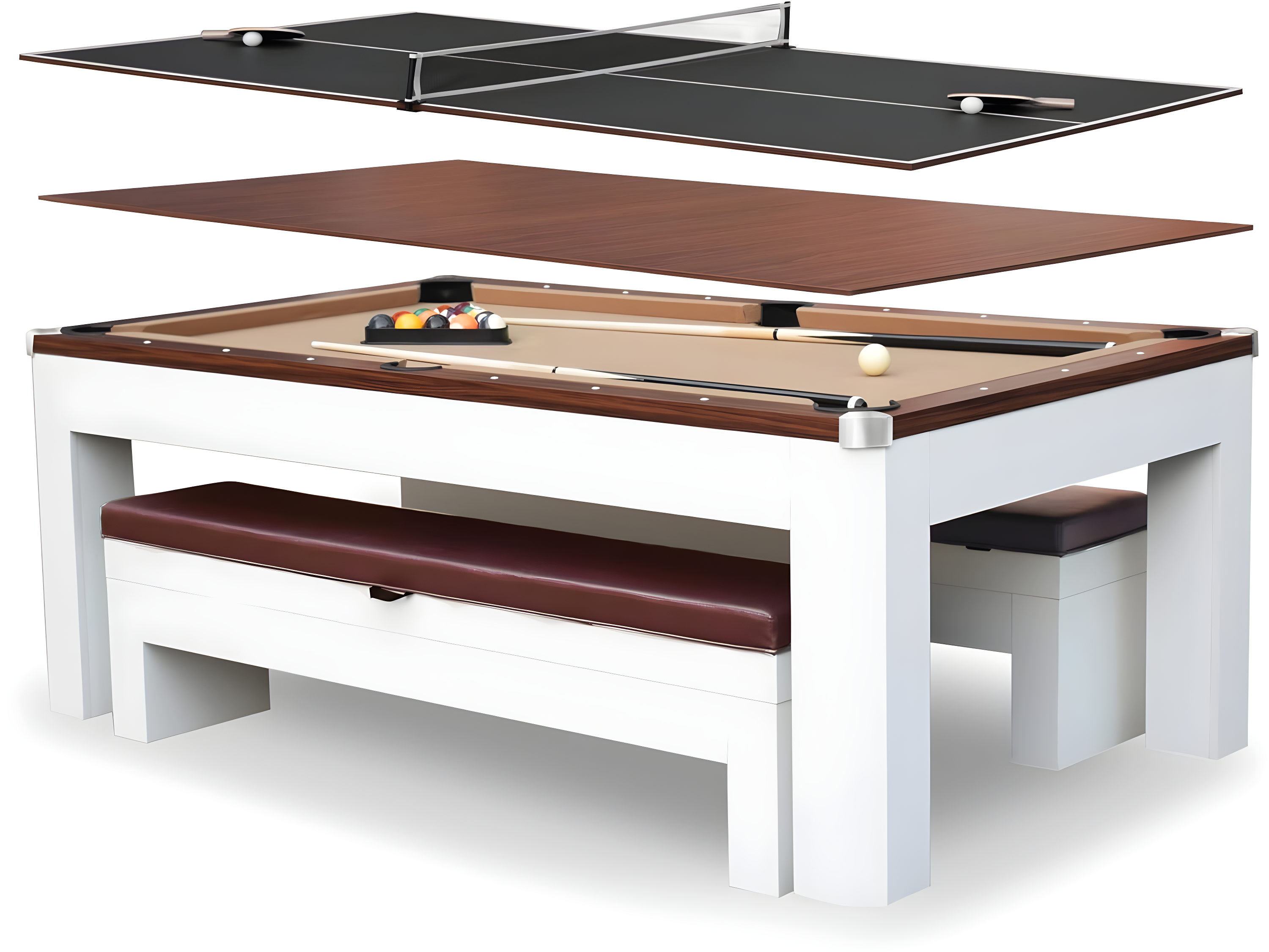 Hathaway Newport Stylish 7 Ft Multi Game Pool Table Combo with Dining Top and Ping Pong – Includes Benches for Home Storage and Accessories