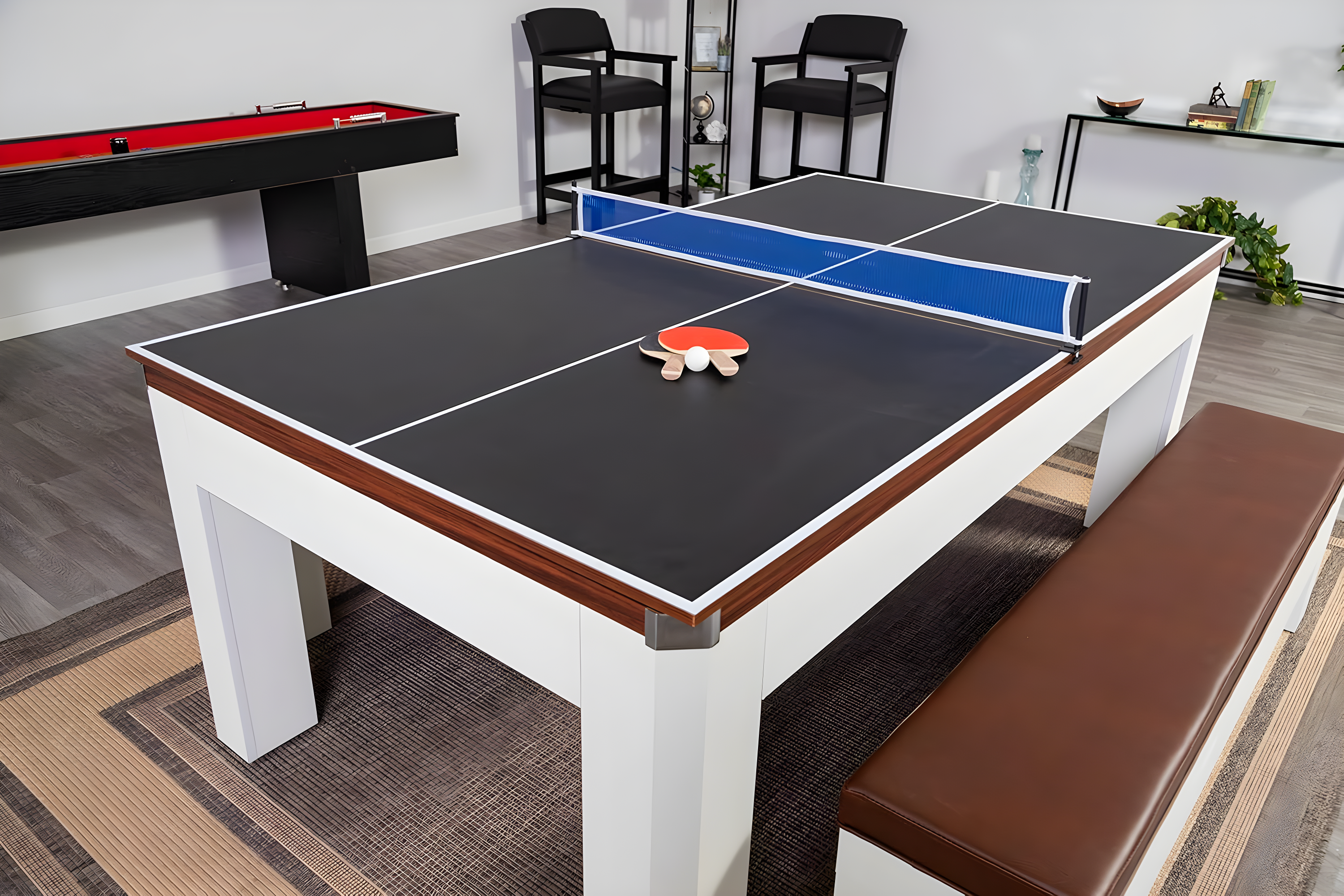 Hathaway Newport Stylish 7 Ft Multi Game Pool Table Combo with Dining Top and Ping Pong – Includes Benches for Home Storage and Accessories