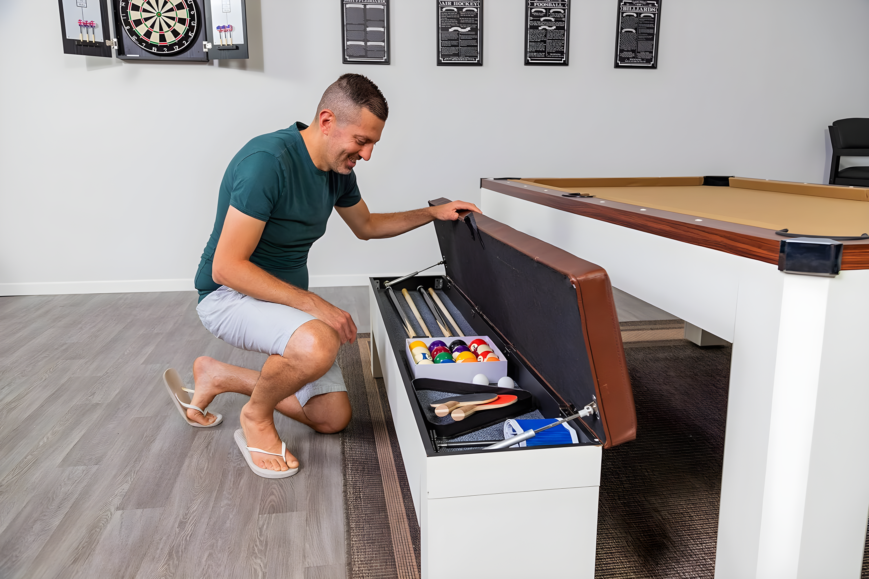 Hathaway Newport Stylish 7 Ft Multi Game Pool Table Combo with Dining Top and Ping Pong – Includes Benches for Home Storage and Accessories