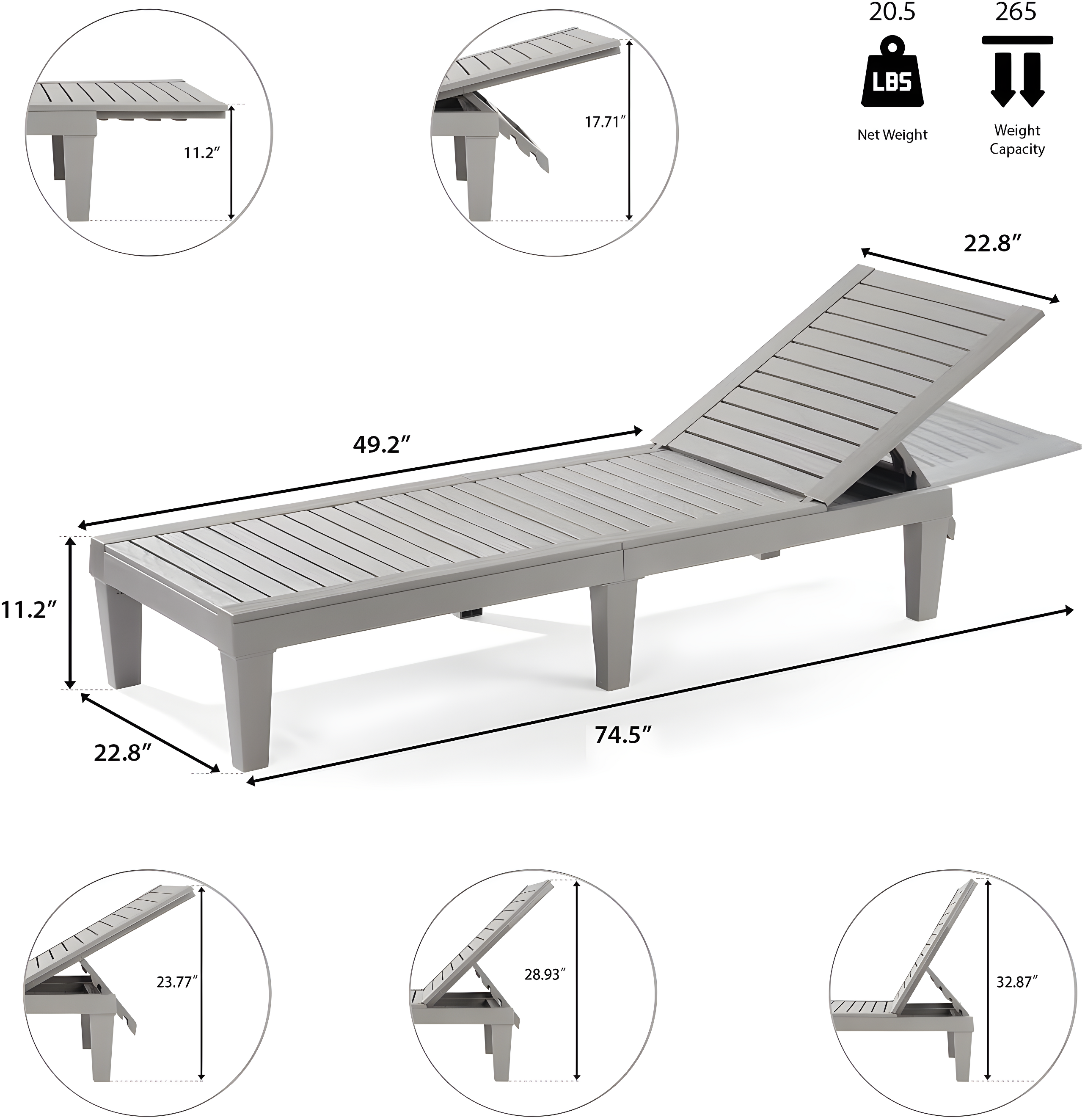 Nestl Waterproof Chaise Lounge Chair - Set of 4 Adjustable Lightweight Gray Outdoor Patio Chairs