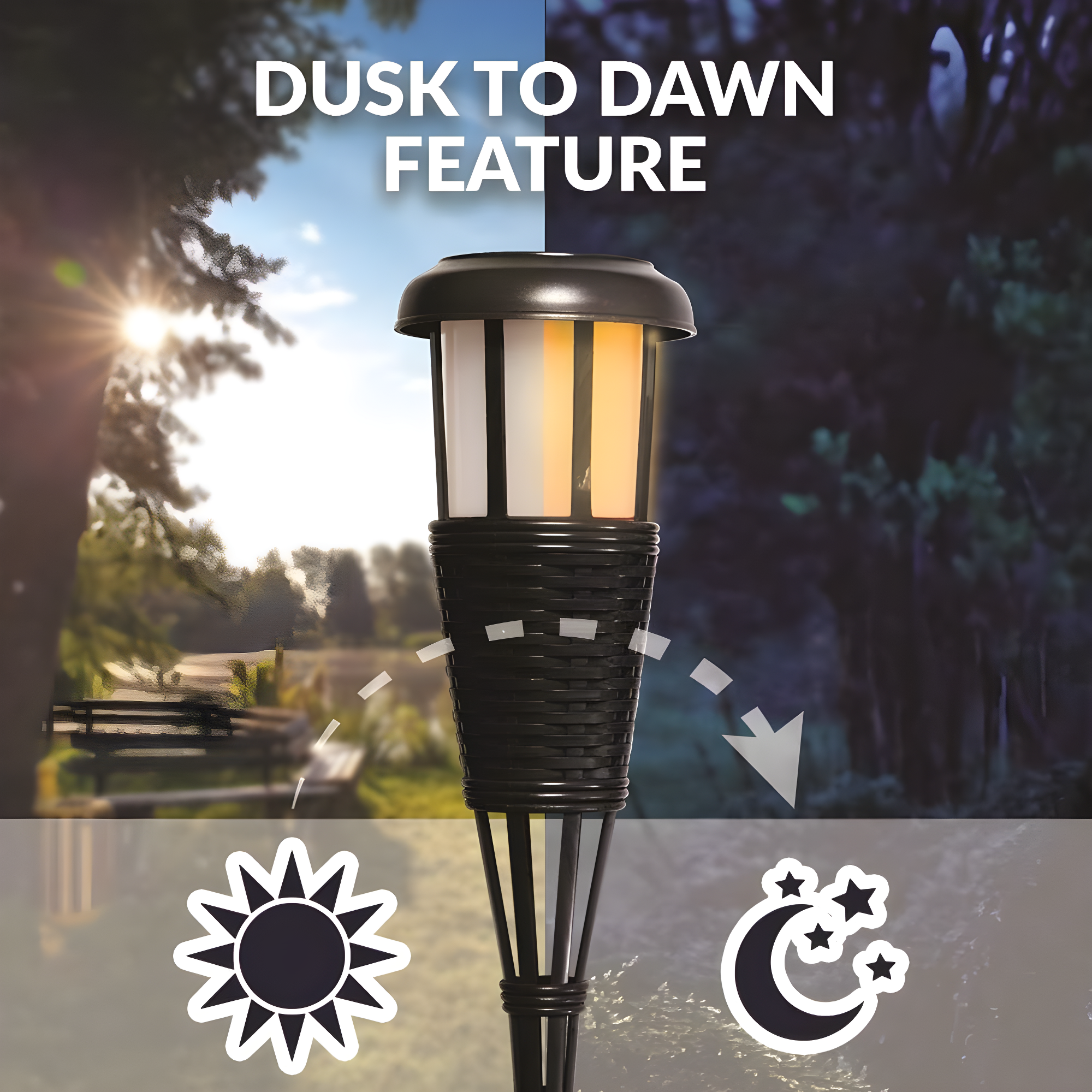 Solar Flickering LED Island Torches, Dusk-to-Dawn Dancing Flame Outdoor Landscape Lighting, Black, 2-Pack
