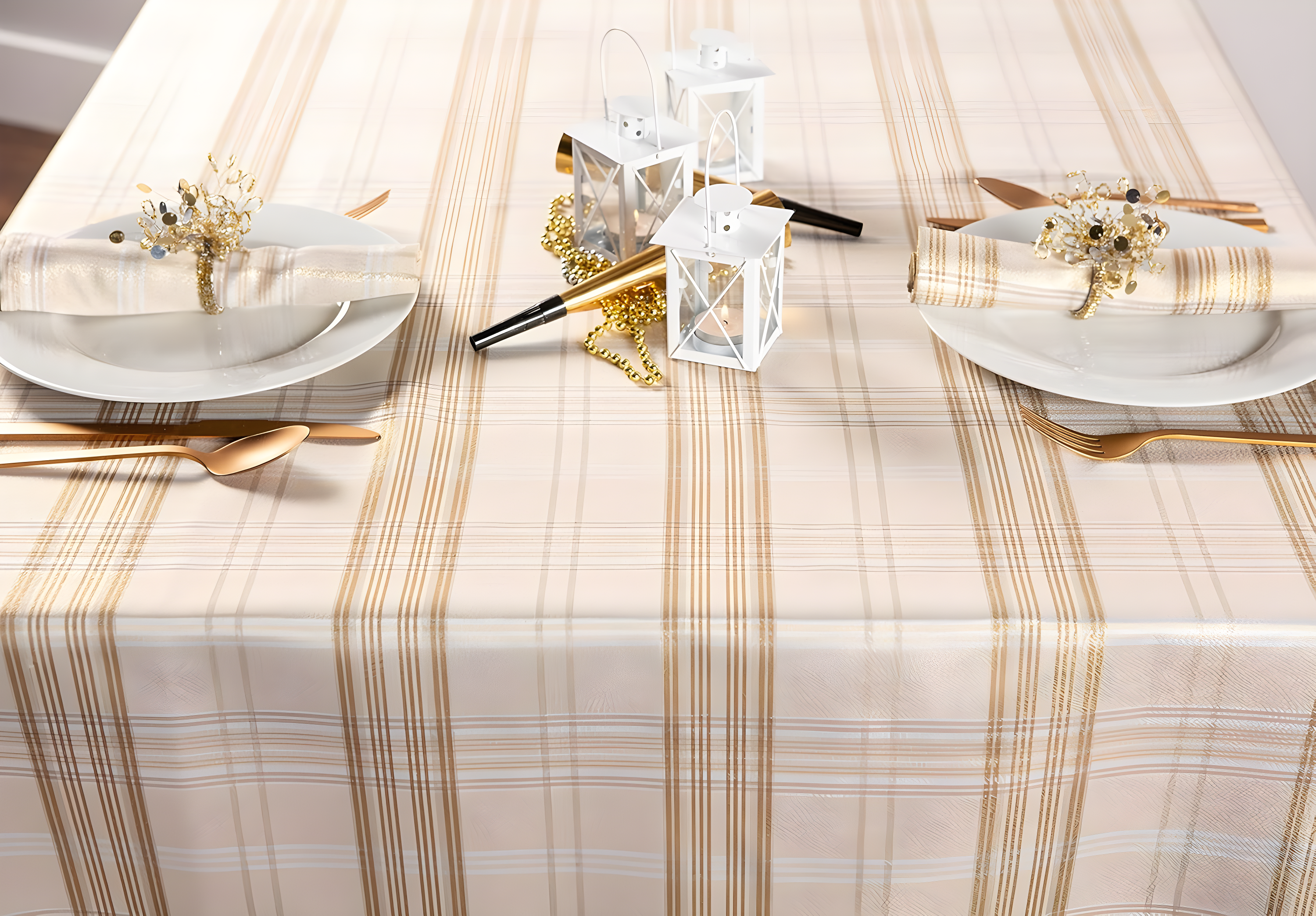 DII 60x104" Modern Polyester Fabric Metallic Plaid Tablecloth in Cream