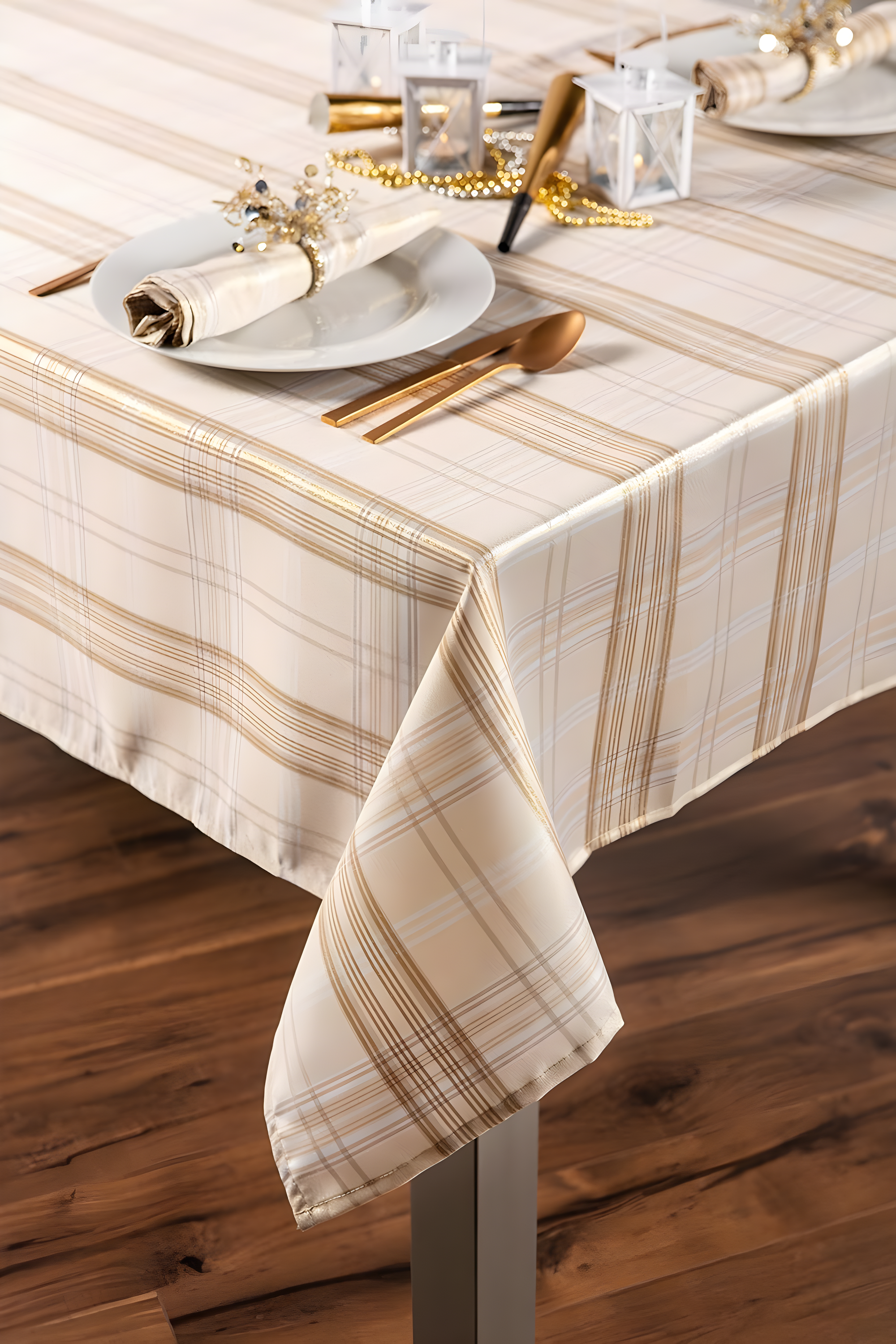 DII 60x104" Modern Polyester Fabric Metallic Plaid Tablecloth in Cream