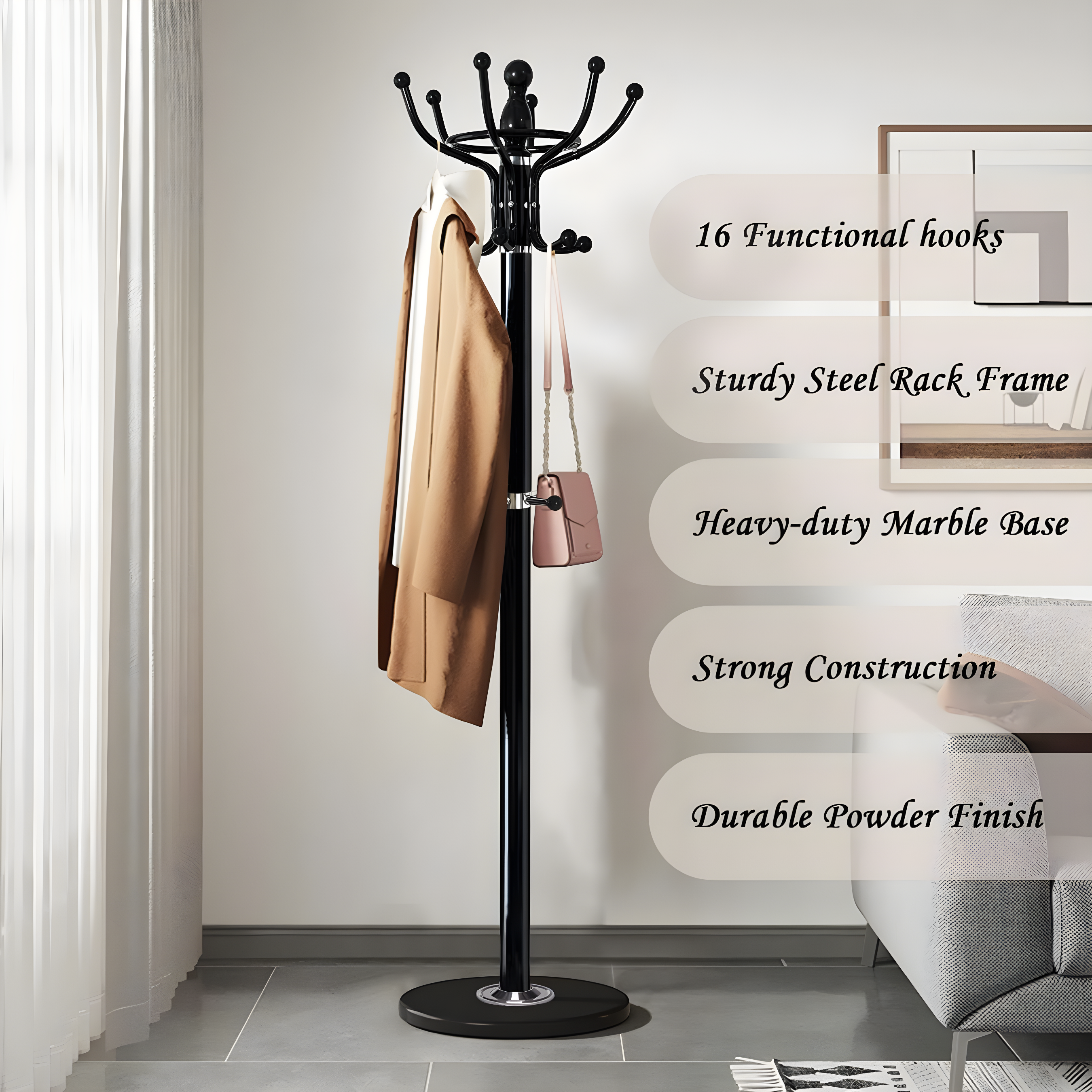 Metal Coat Rack Freestanding 16 Hooks, Entry-way Coat Racks Stand with Natural Marble Base Hall Tree, Easy Assembly for Coat Tree Hats Hanger Holder for Purse, Scarf Rack, Jacket (Black)