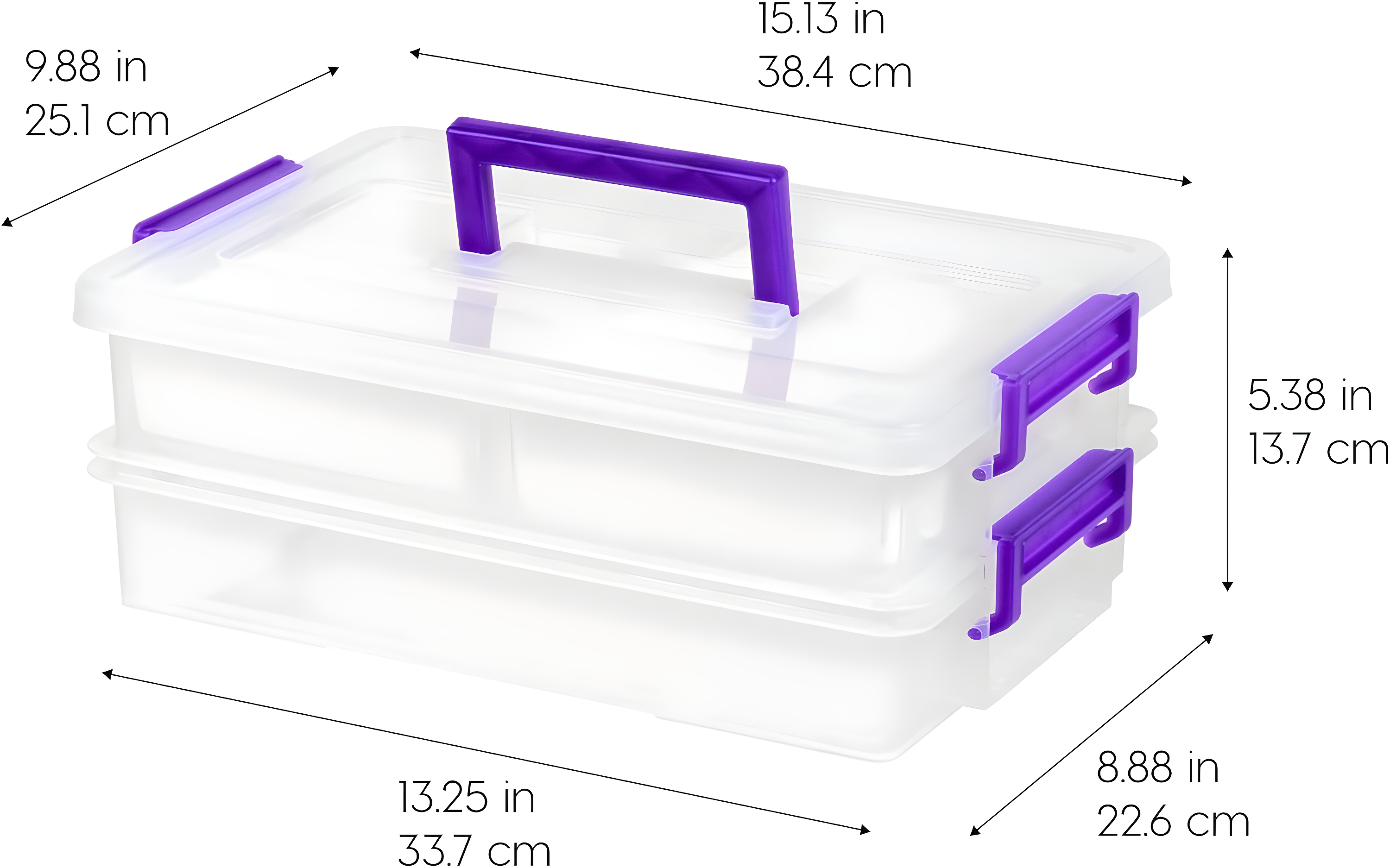 IRIS USA 9.4 Qt 2 Layer Stack and Carry Storage Containers with Bulked-Up Lid and 4 Removable Dividers, Clear/Violet