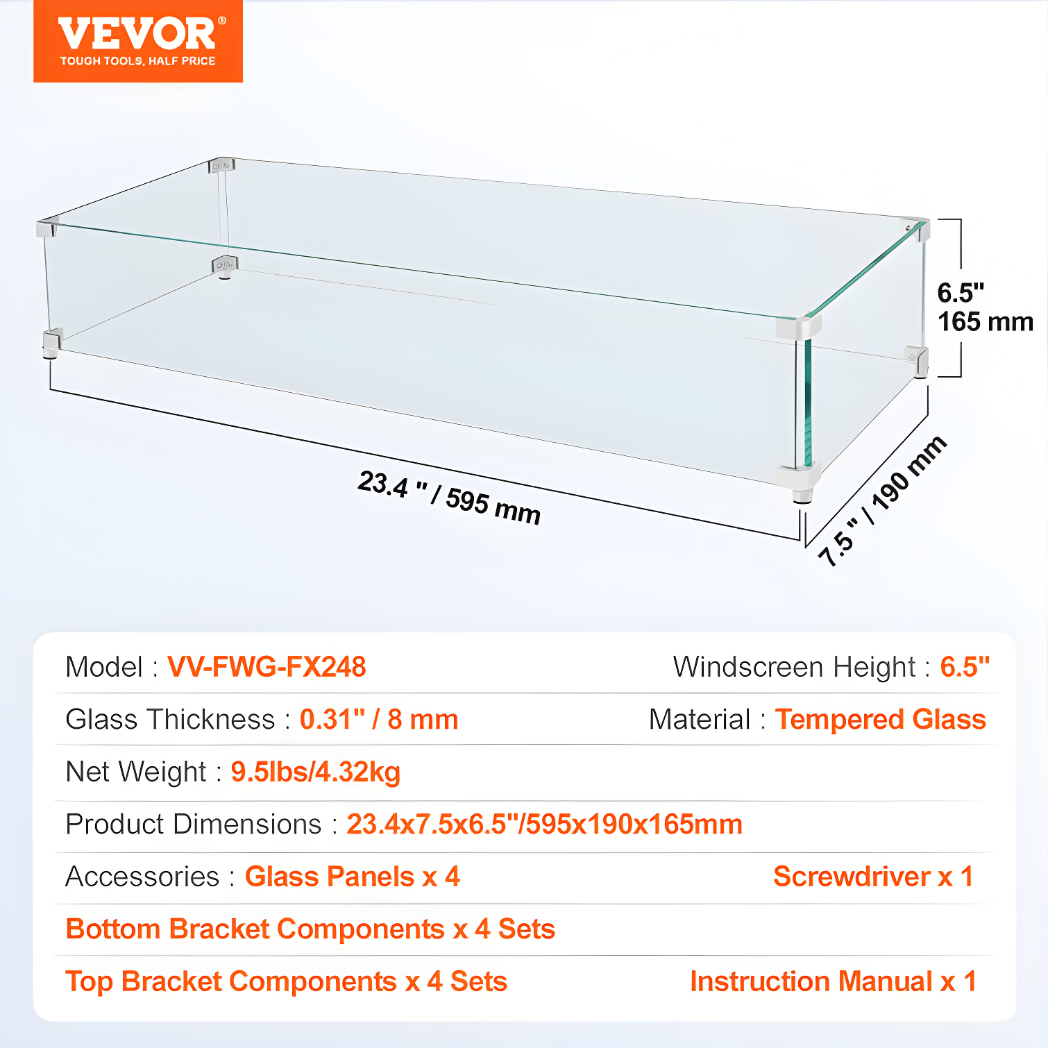 VEVOR Tempered Glass Fire Pit Accessory (Set of 4)