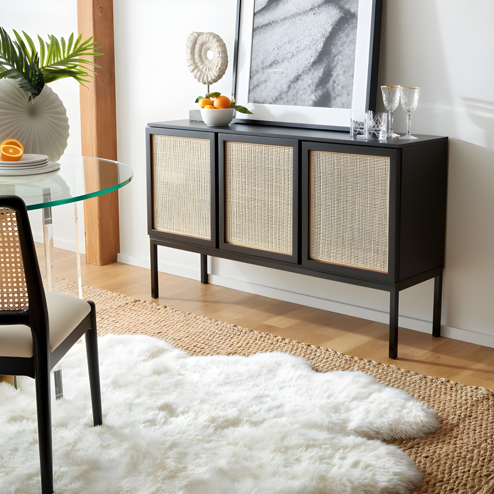 Zadie 2 Shelf Rattan Sideboard - Black/Natural - Safavieh