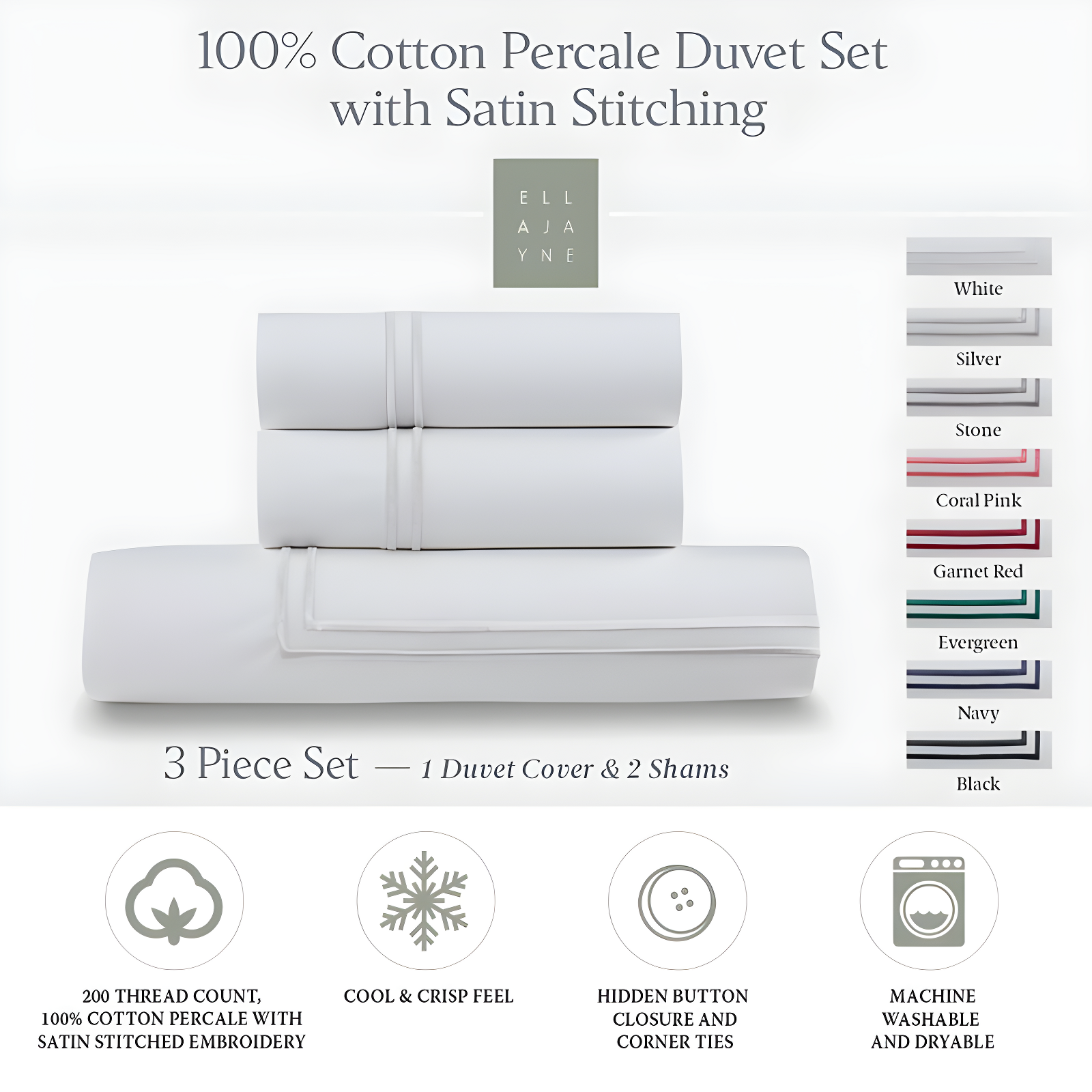 Ella Jayne Home Ella Jayne Cotton Duvet Cover with Satin Satin Stitching 3-Piece Set, White with White Satin Stitching