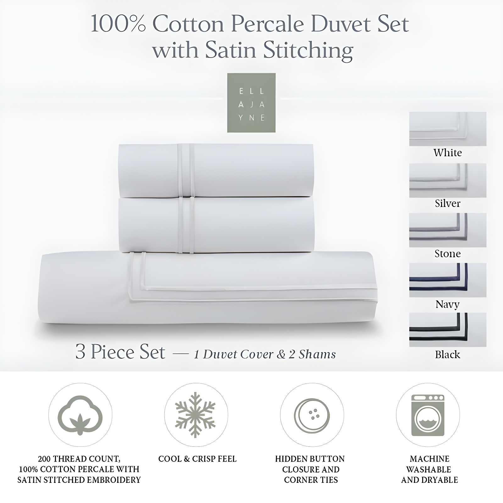 Ella Jayne Home Ella Jayne Cotton Duvet Cover with Satin Satin Stitching 3-Piece Set, White with White Satin Stitching