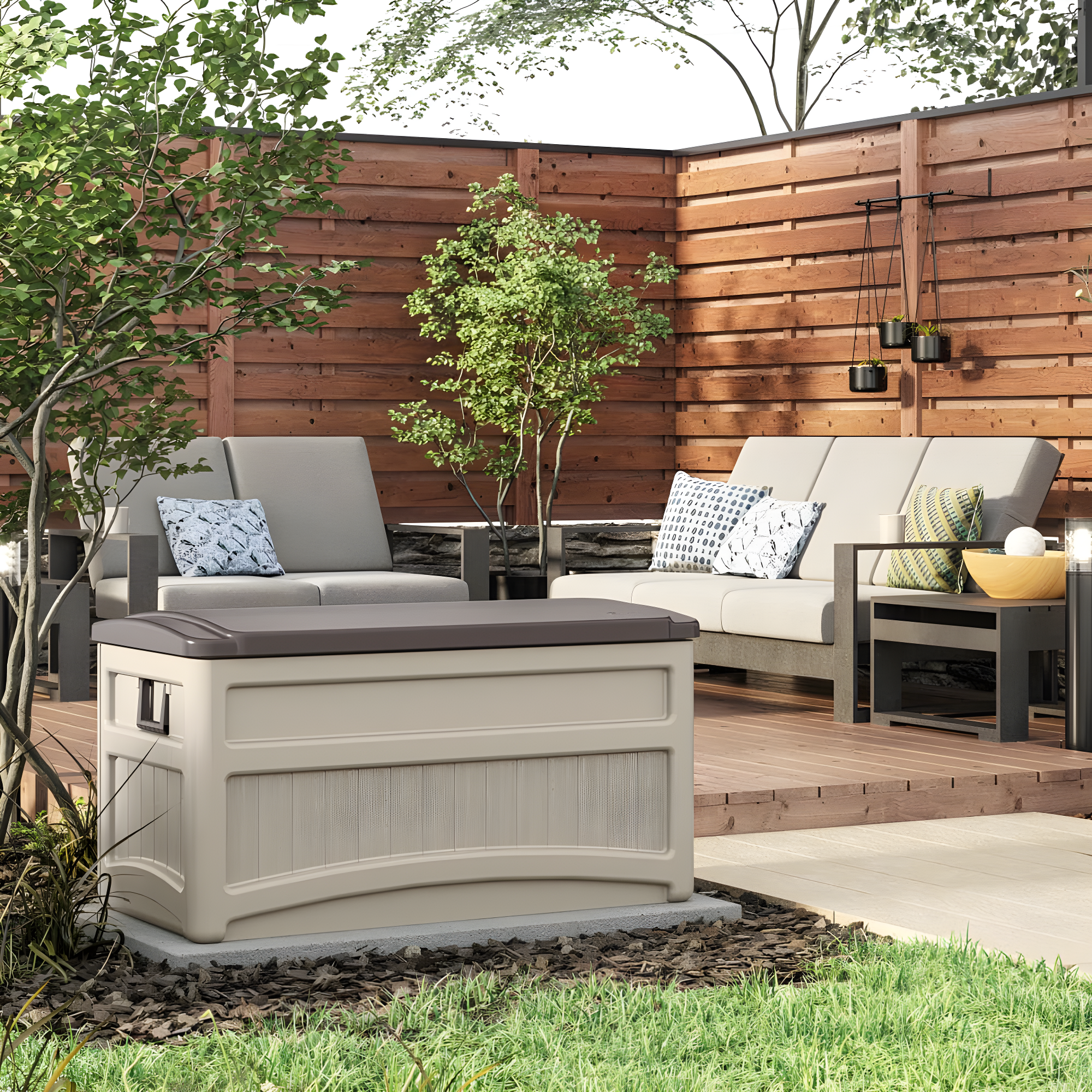 Suncast Suncast 78 Gallon Water Resistant Resin Deck Box with Wheels in Light Taupe/Mocha