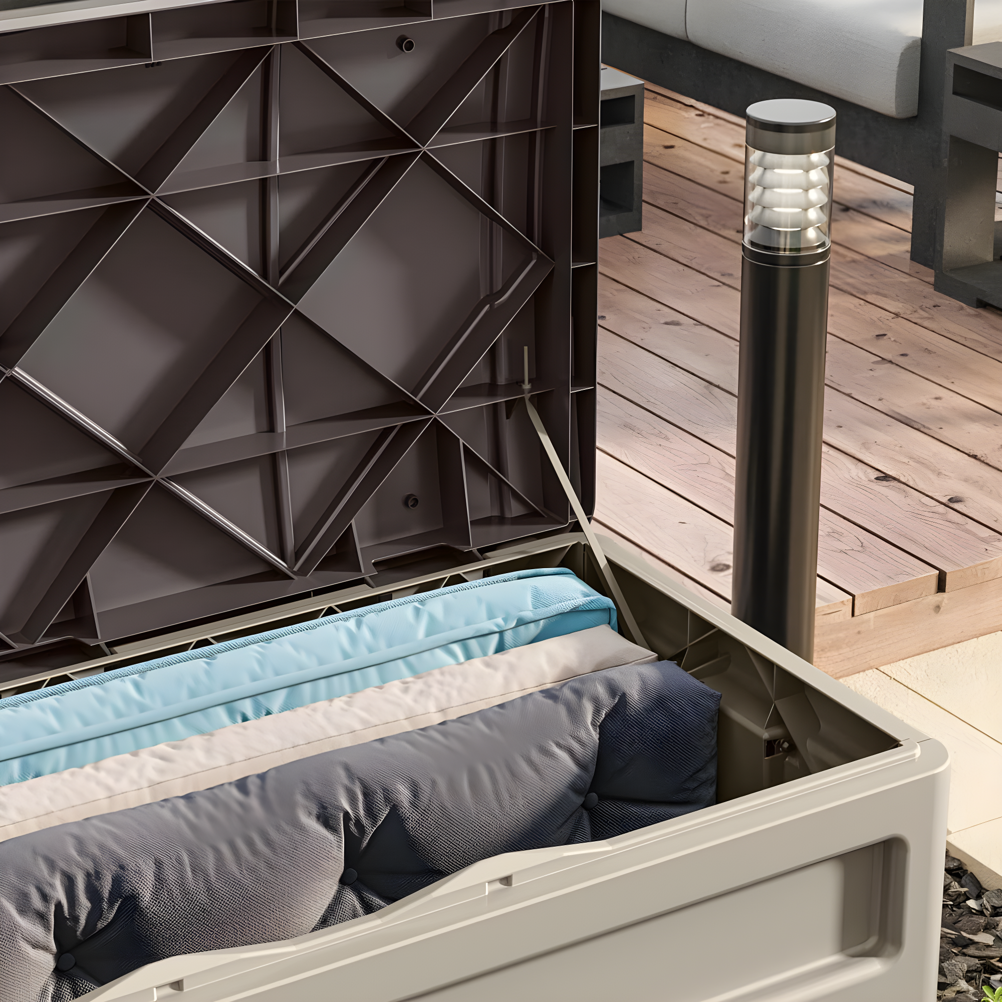 Suncast Suncast 78 Gallon Water Resistant Resin Deck Box with Wheels in Light Taupe/Mocha