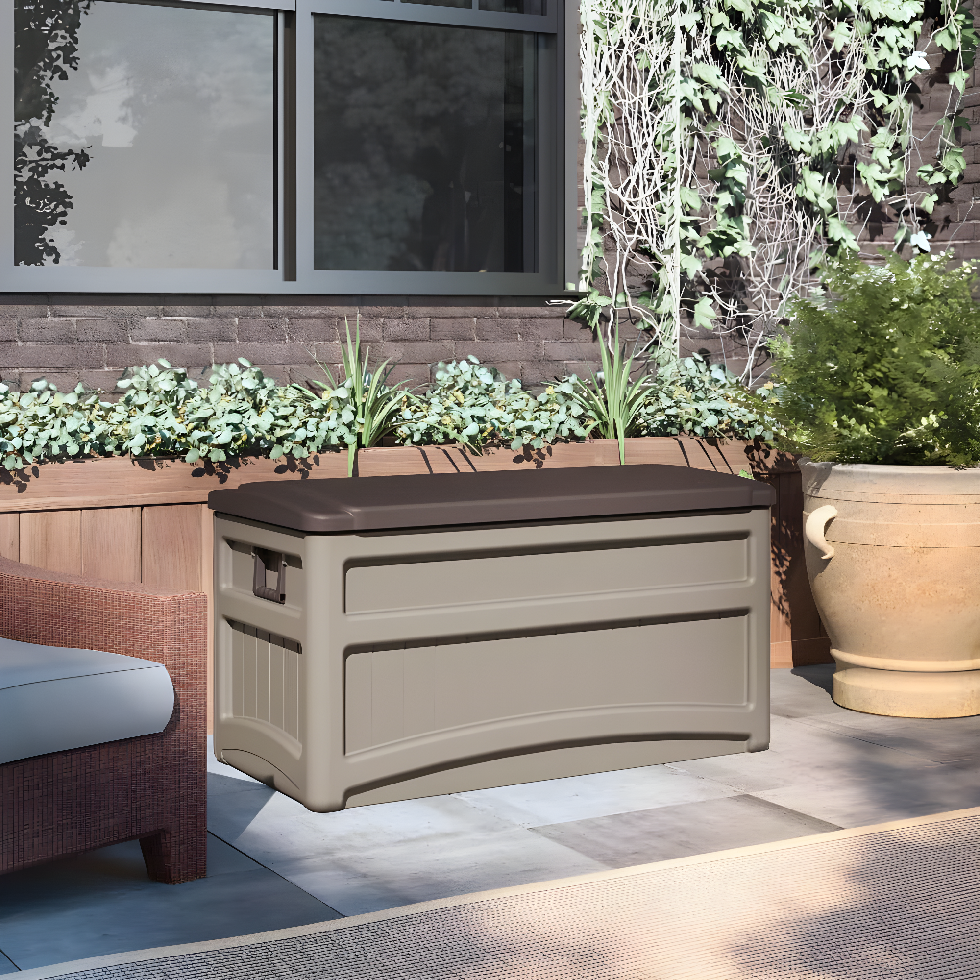 Suncast Suncast 78 Gallon Water Resistant Resin Deck Box with Wheels in Light Taupe/Mocha