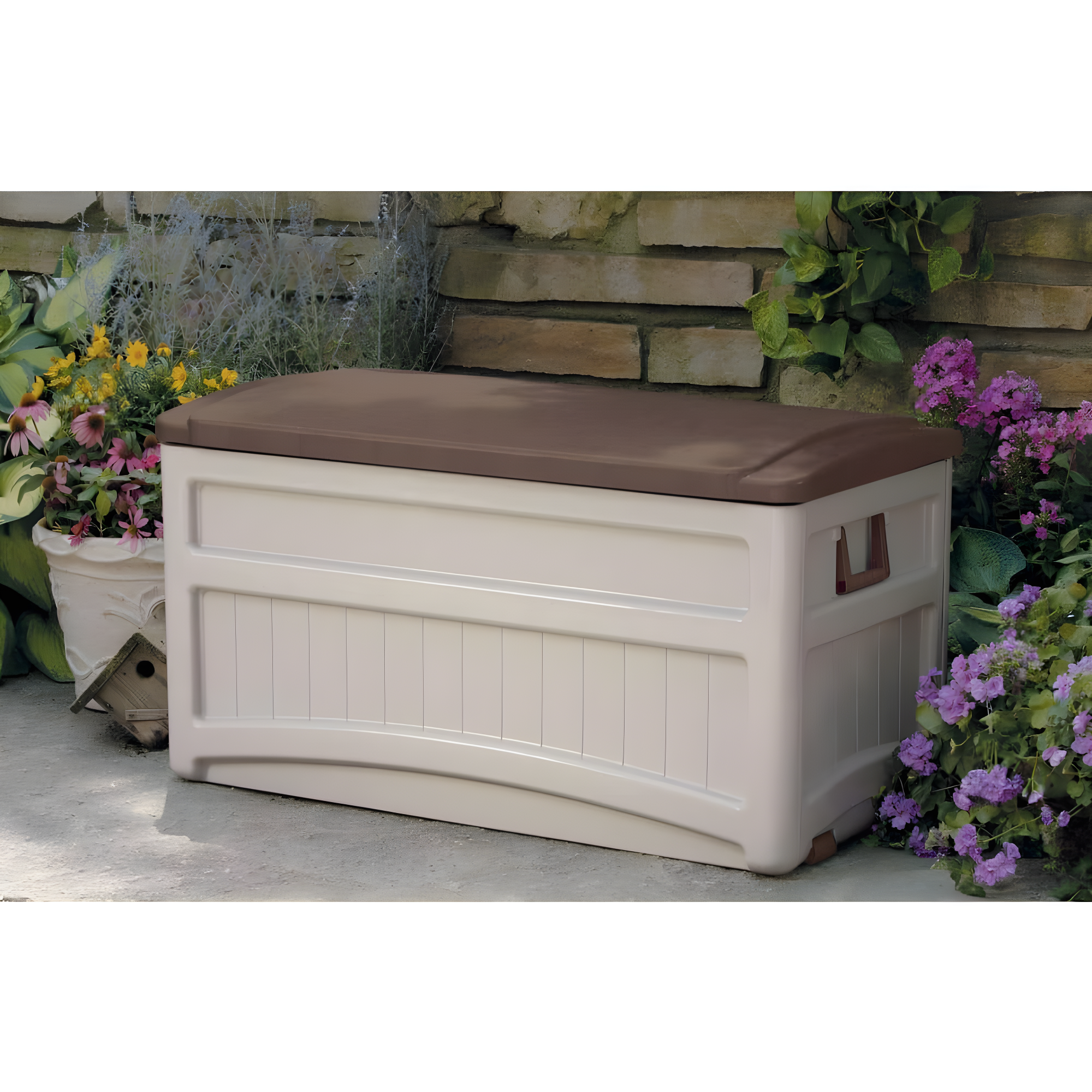 Suncast Suncast 78 Gallon Water Resistant Resin Deck Box with Wheels in Light Taupe/Mocha