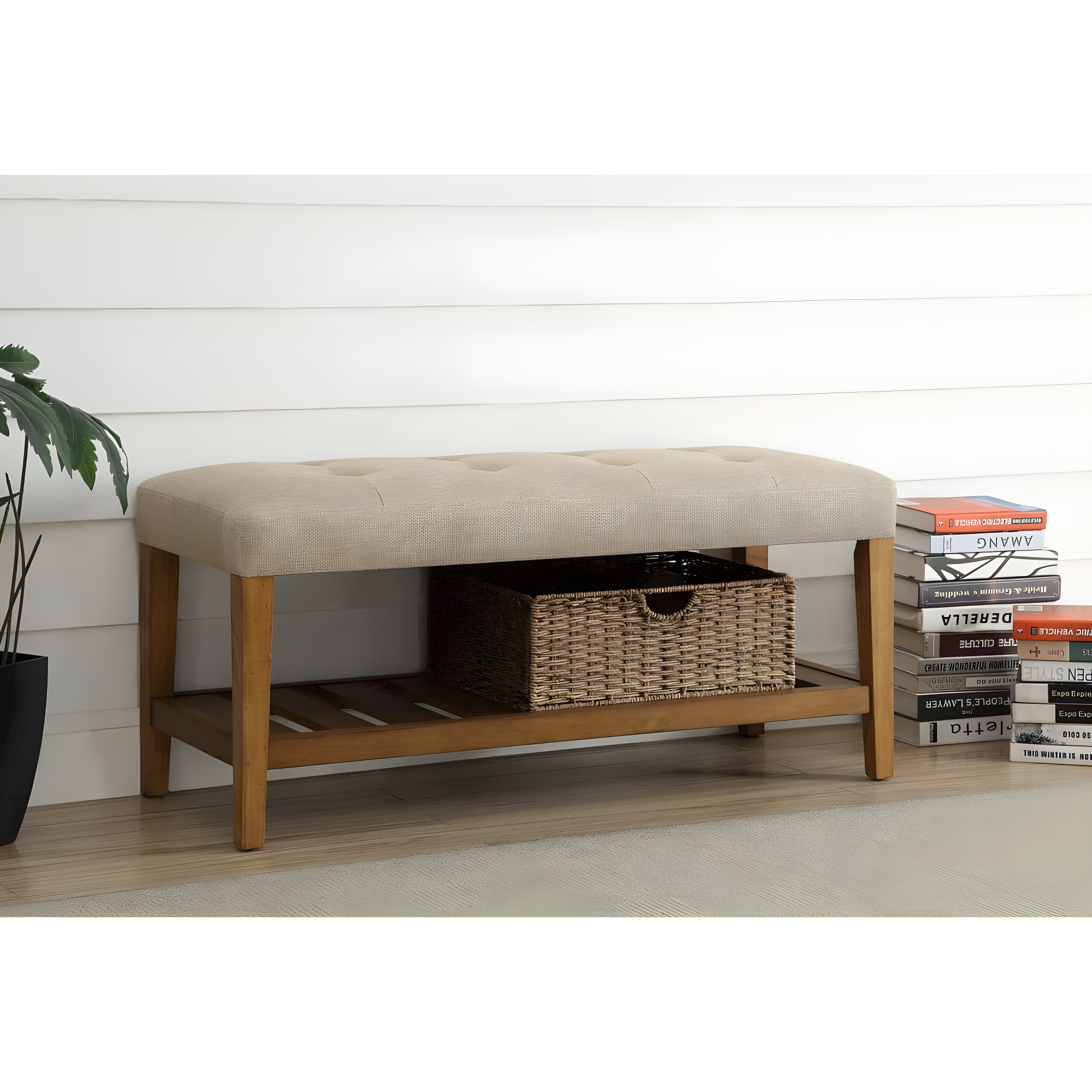 Acme Furniture Charla Ottomans and Benches Beige Fabric/Oak Finish