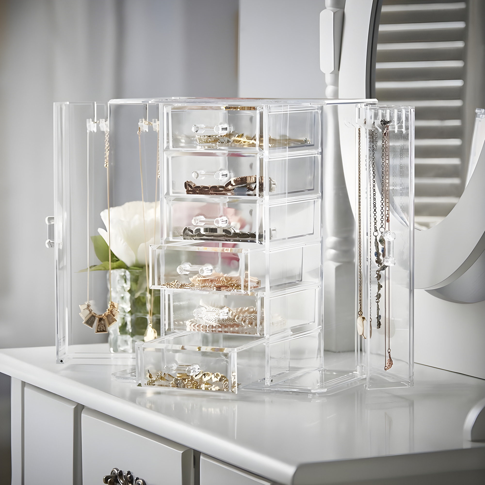 OnDisplay Clear Acrylic Jewelry Organizer Box with 6 Drawers and Side Hooks – Makeup, Necklace, and Accessory Storage for Dresser or Vanity