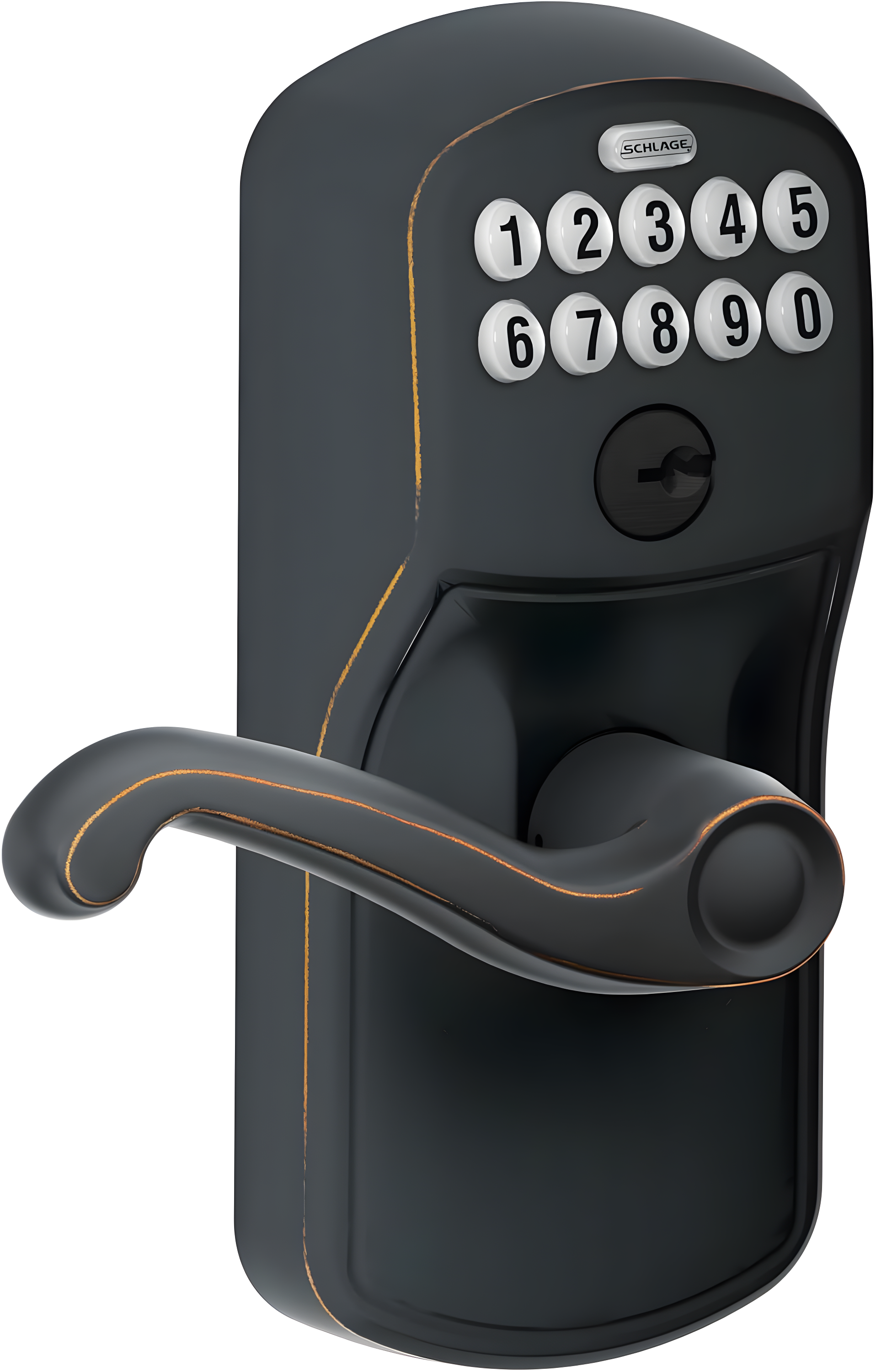 SCHLAGE FE595 PLY 716 FLA Plymouth Keypad Entry with Flex-Lock and Flair Style Levers, Aged Bronze