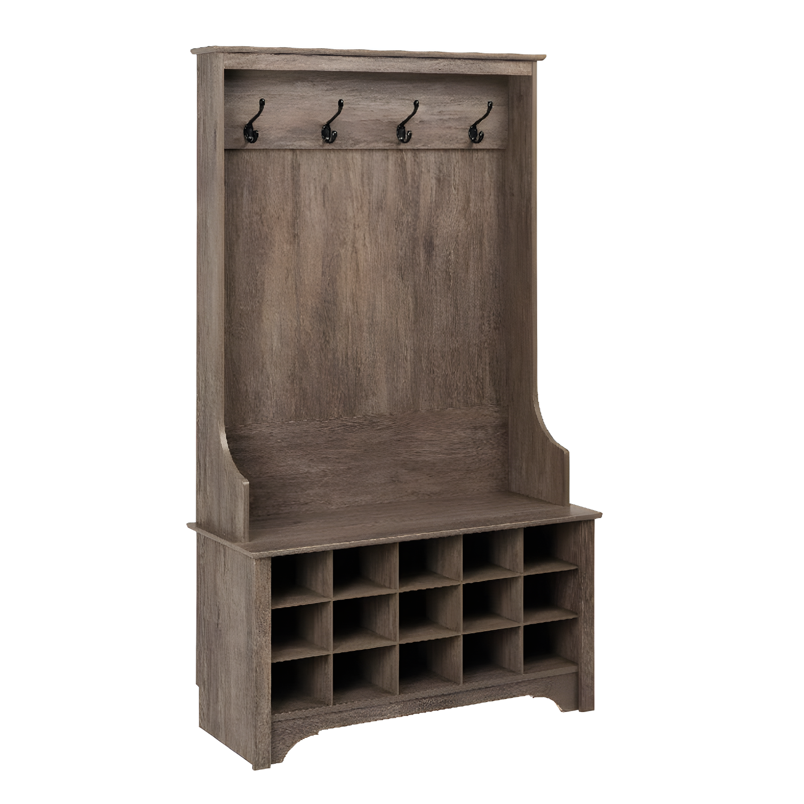 Prepac Hall Tree with Shoe Storage Drifted Gray : Entryway Organizer, Mudroom Bench, 4 Hooks, 15 Cubbies