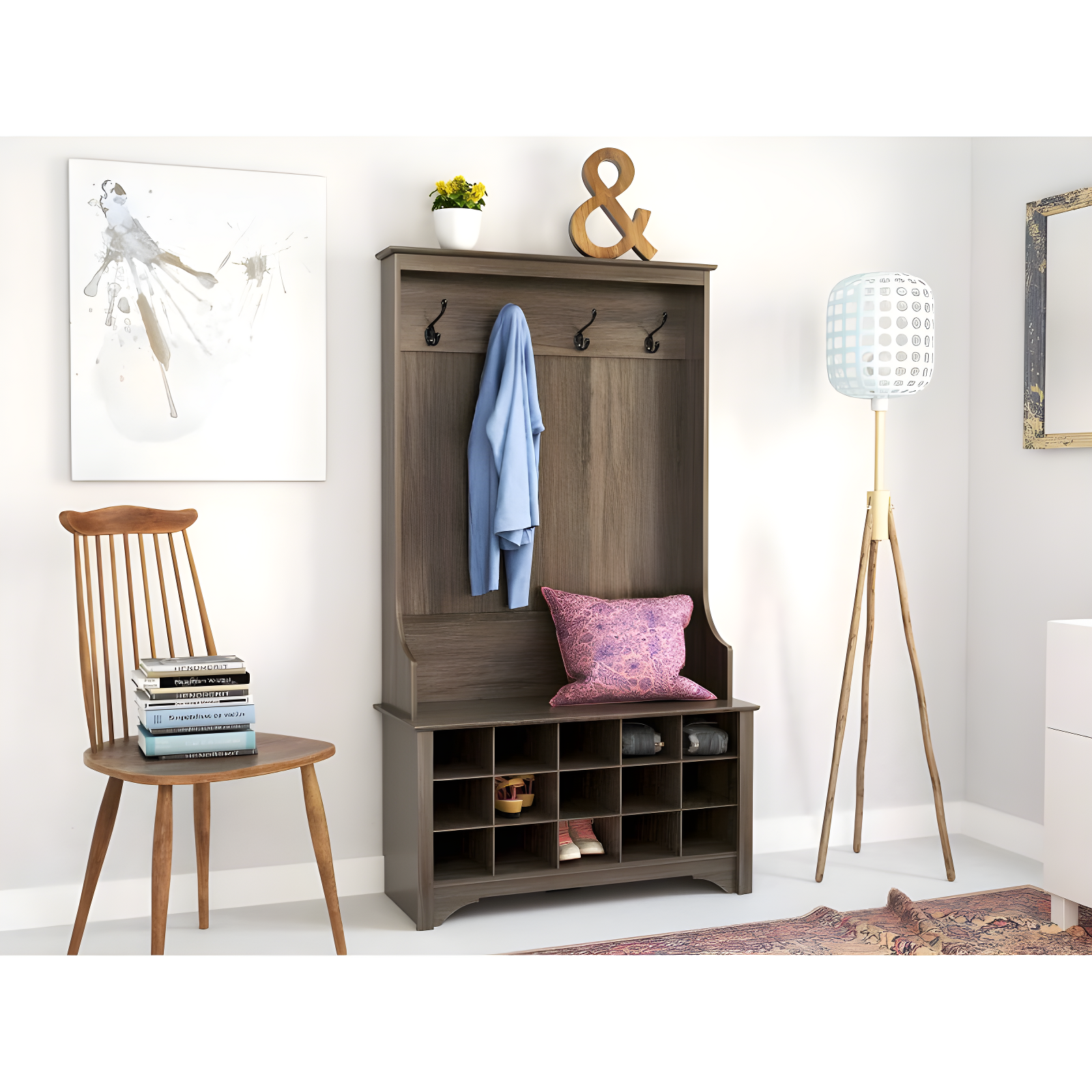 Prepac Hall Tree with Shoe Storage Drifted Gray : Entryway Organizer, Mudroom Bench, 4 Hooks, 15 Cubbies