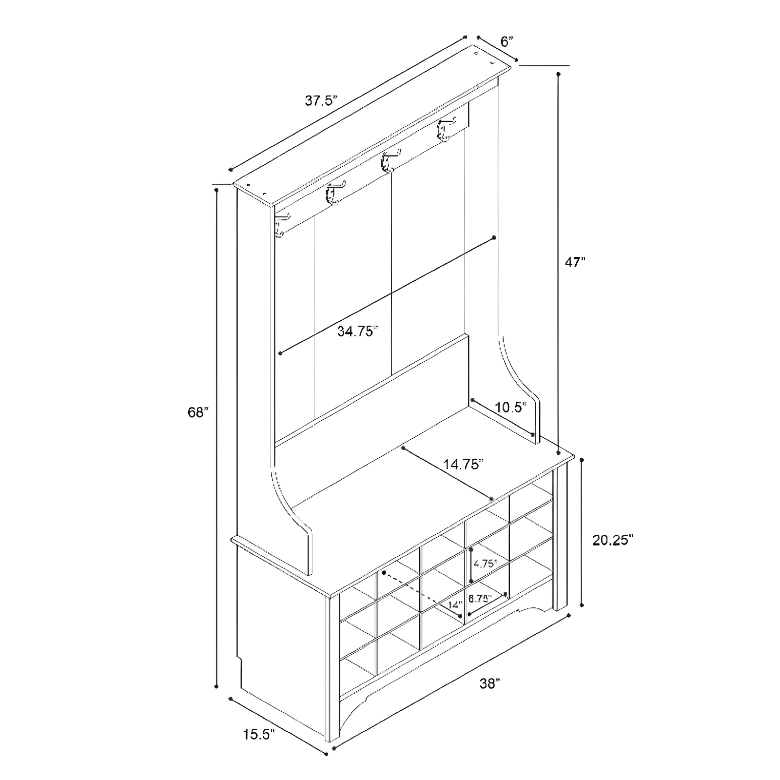 Prepac Hall Tree with Shoe Storage Drifted Gray : Entryway Organizer, Mudroom Bench, 4 Hooks, 15 Cubbies