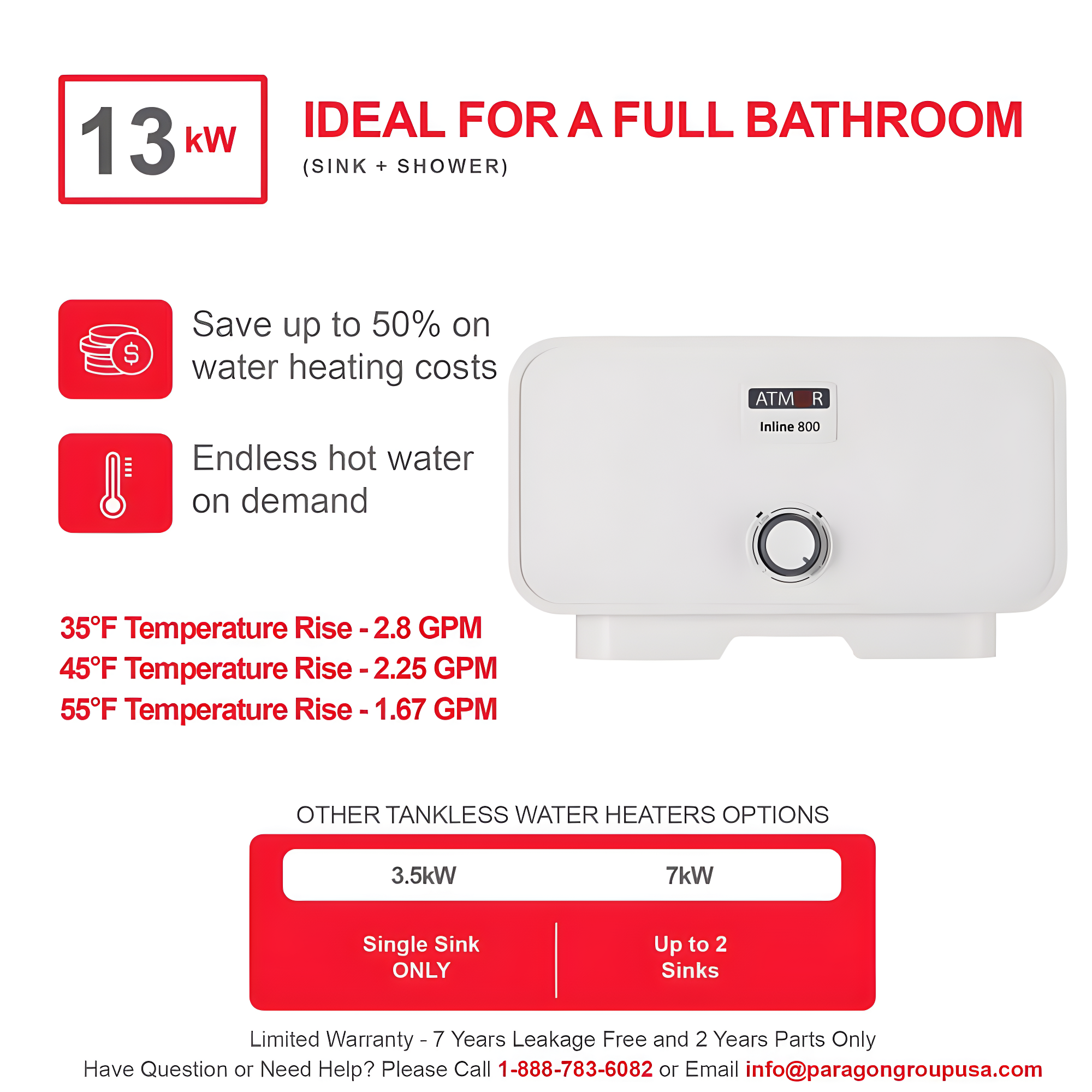 Atmor 13kW/240V Electric Tankless Water Heater Includes Pressure Relief Device, Ideal for a Full Bathroom