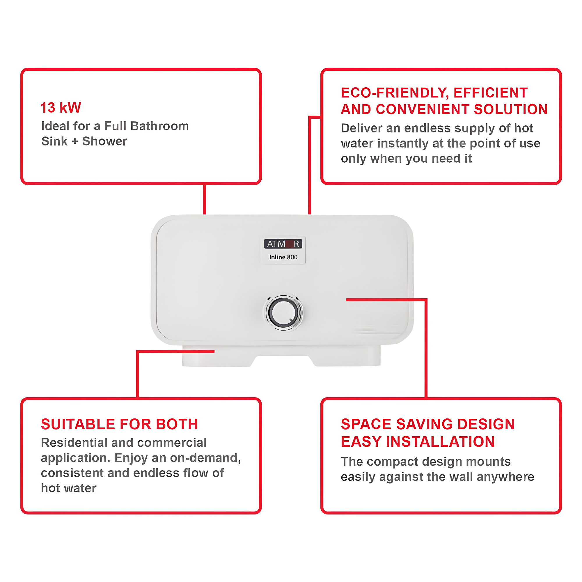 Atmor 13kW/240V Electric Tankless Water Heater Includes Pressure Relief Device, Ideal for a Full Bathroom