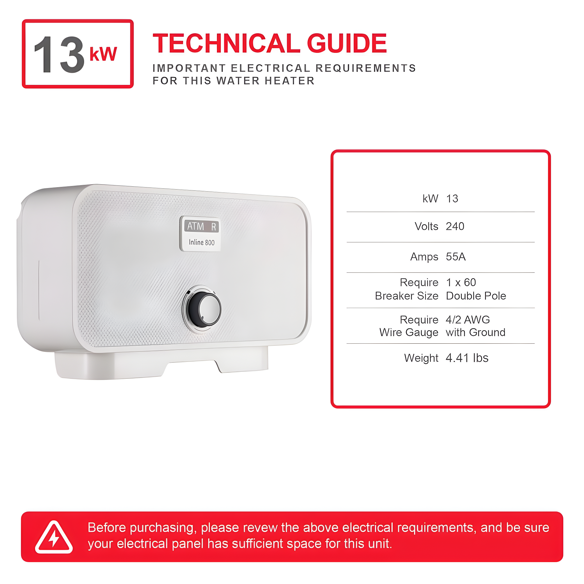 Atmor 13kW/240V Electric Tankless Water Heater Includes Pressure Relief Device, Ideal for a Full Bathroom
