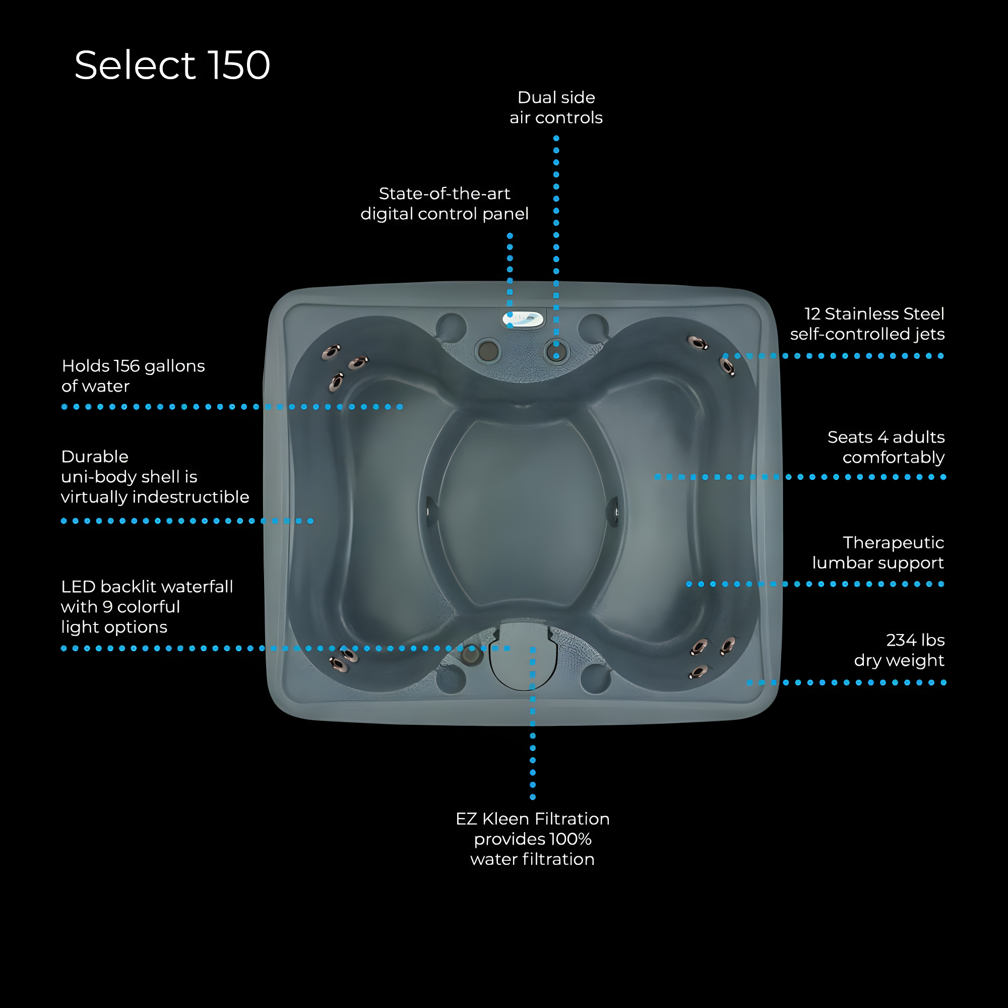 AquaRest Discover AR150 Standard 4-Person 12-Jet Plug & Play Hot Tub with LED Waterfall and Friction Heating