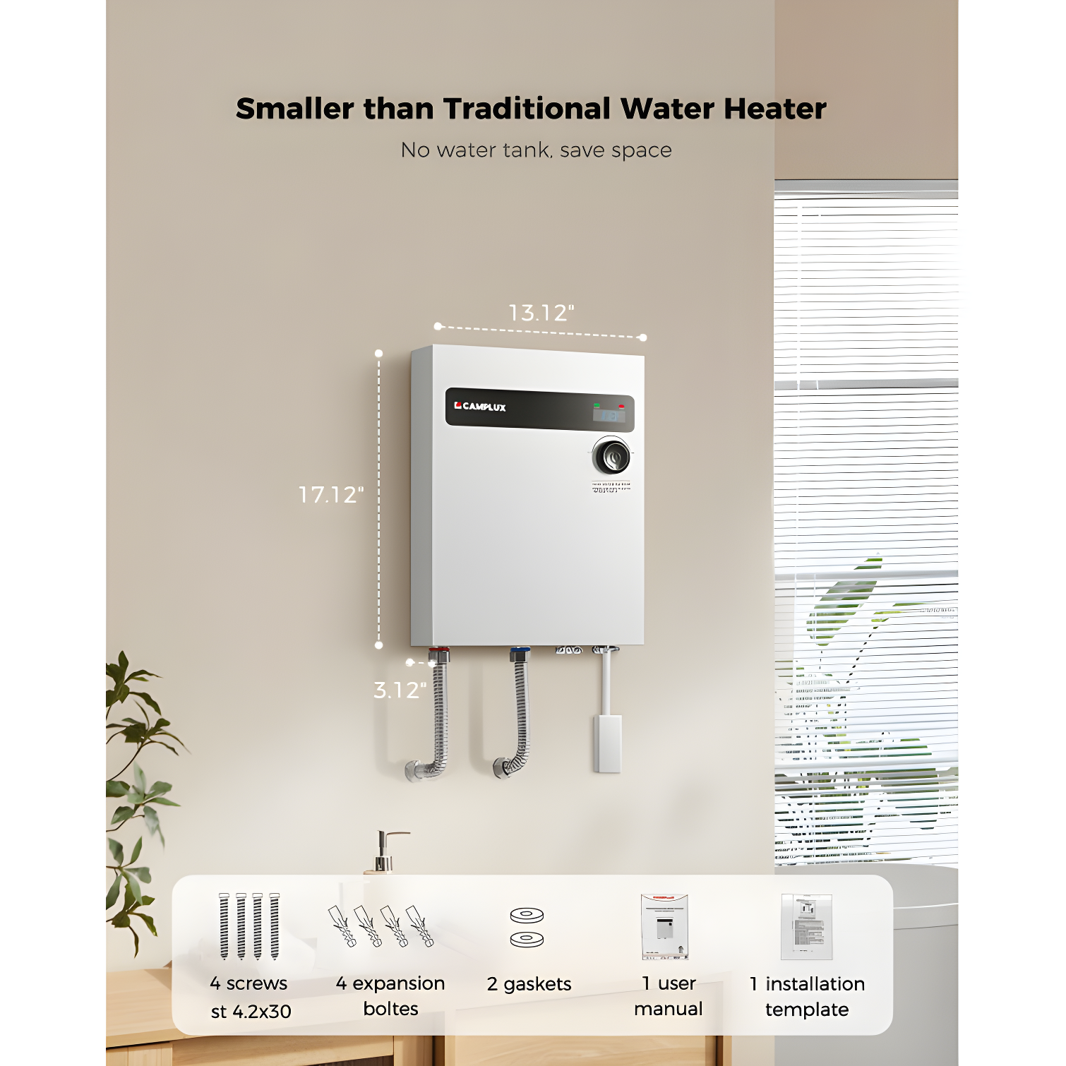 CAMPLUX 27KW 240V Electric Tankless Water Heater , Instant Hot Water Heater