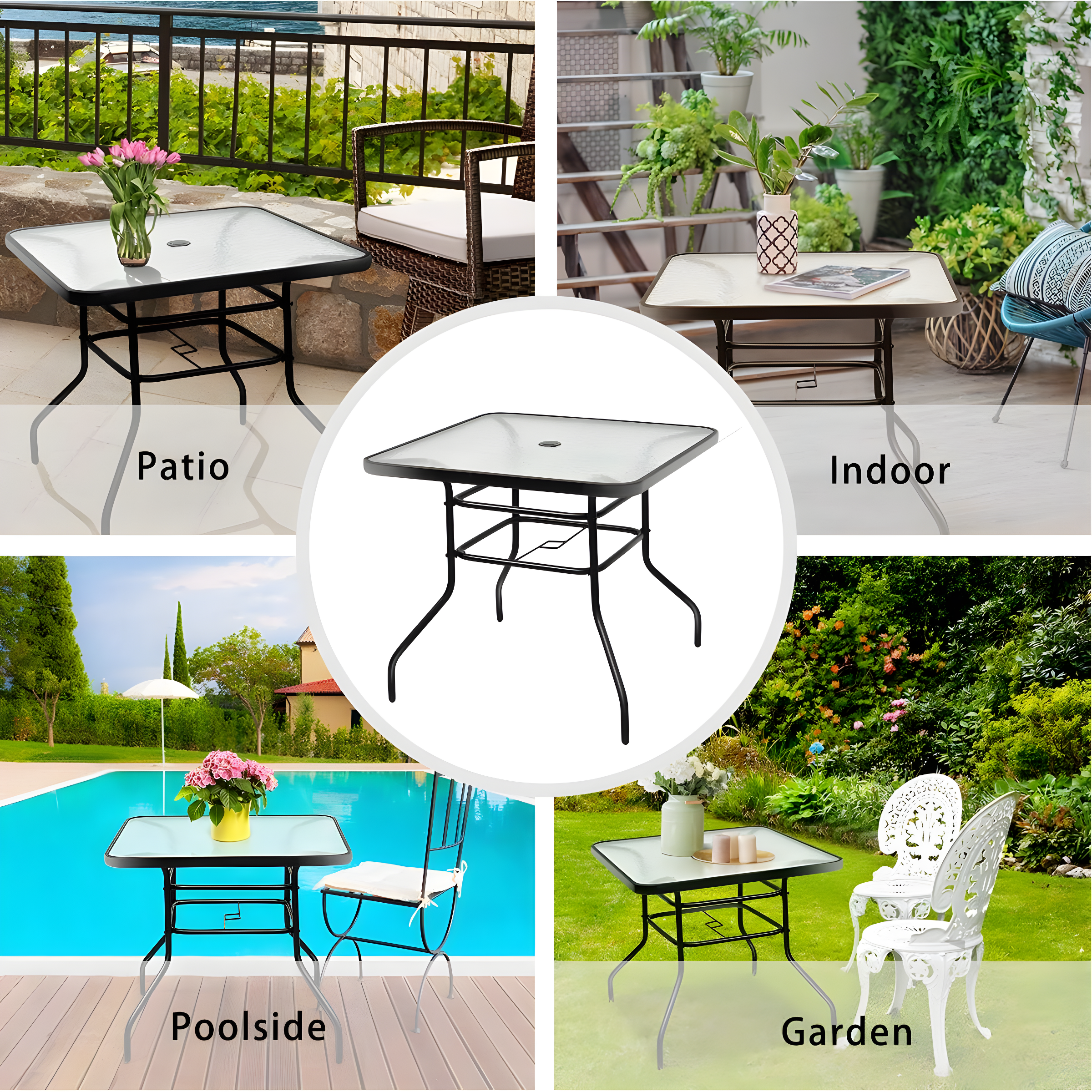 Lark Manor™ Aliyahna 32'' Patio Square Table Tempered Glass Steel Frame Outdoor Pool Yard Garden