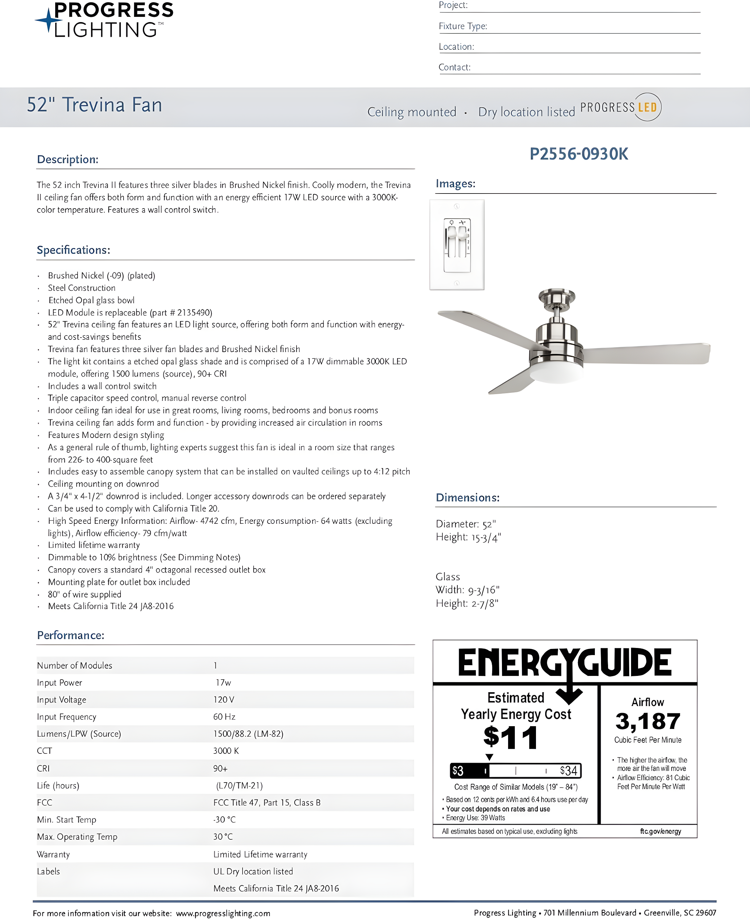 Brushed Nickel 52" LED Ceiling Fan with Reversible Blades