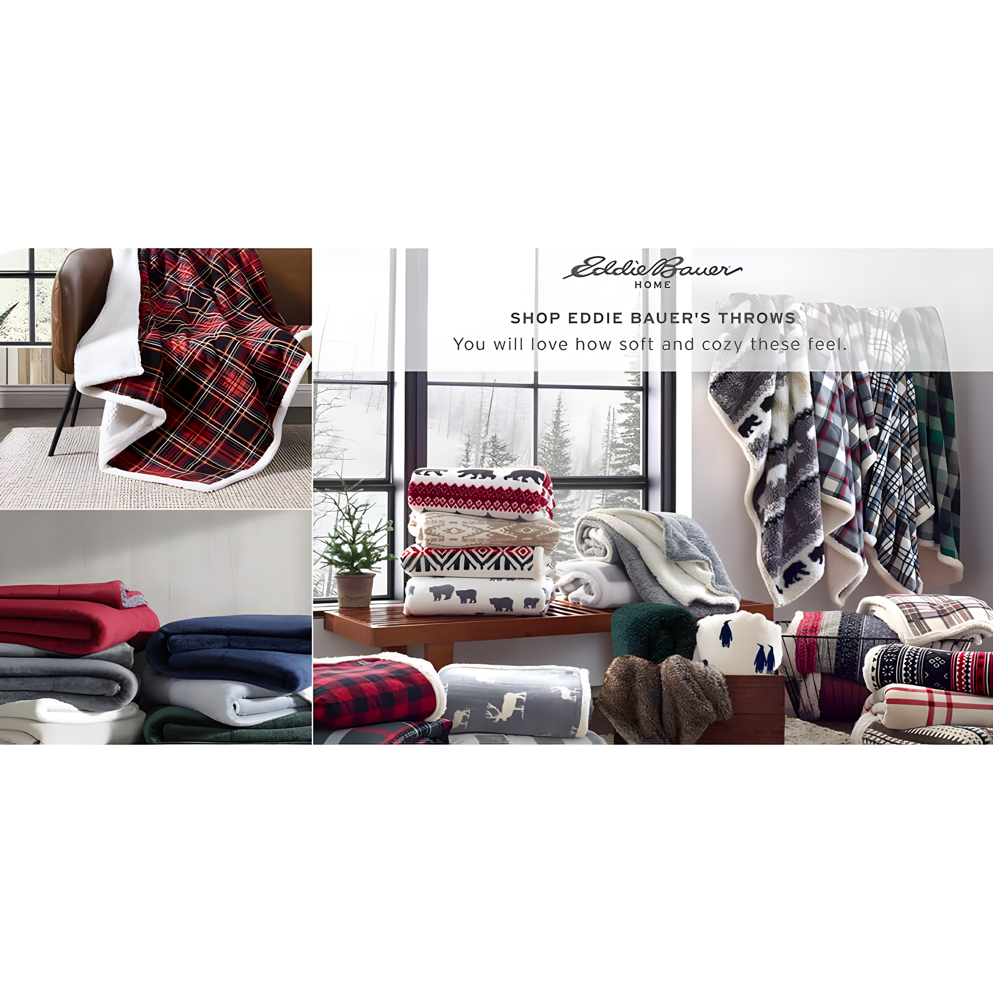 Eddie Bauer Printed Flannel/Sherpa Throw Blankets