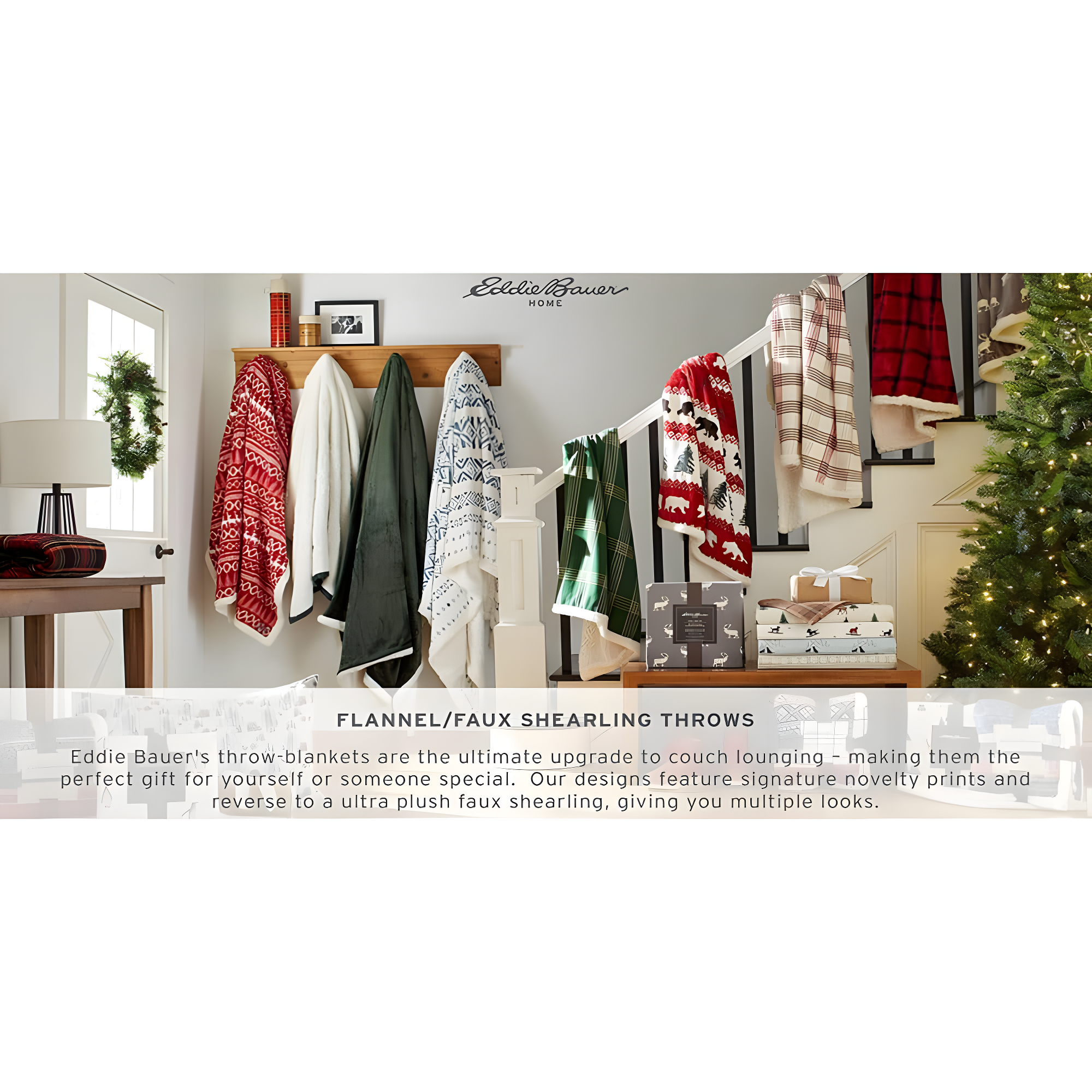 Eddie Bauer Printed Flannel/Sherpa Throw Blankets