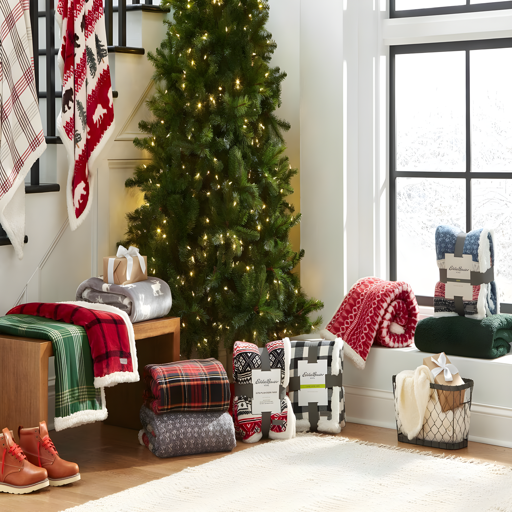 Eddie Bauer Printed Flannel/Sherpa Throw Blankets